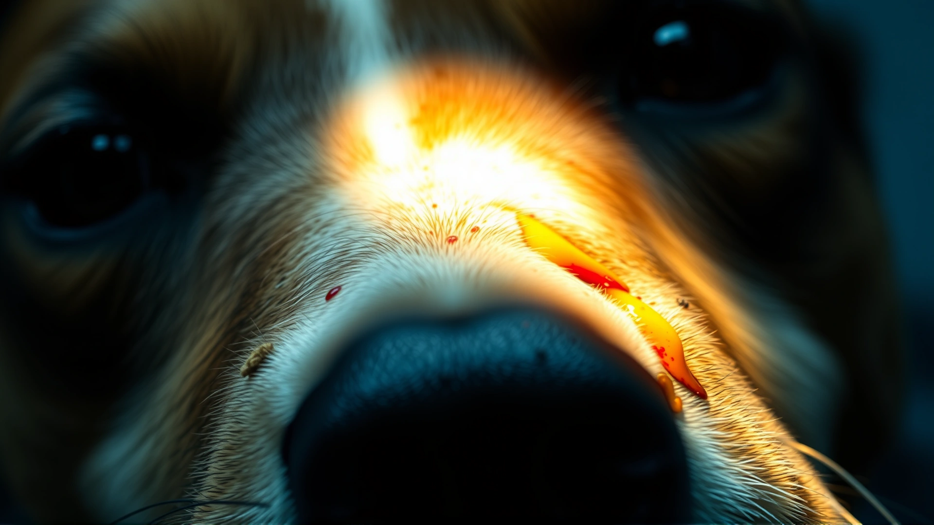 Close-up photograph of a dog's surgical incision showing clear signs of infection: redness, swelling, and yellow discharge, dramatic lighting to emphasize problem area.