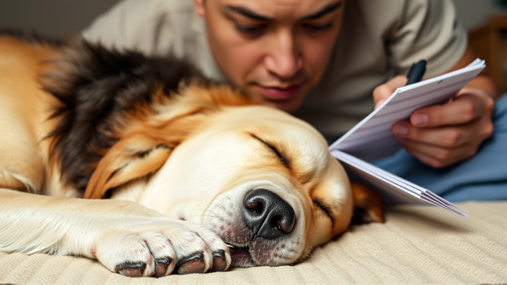 Photo of a concerned dog owner observing their dog sleeping and taking notes, emphasizing vigilance.