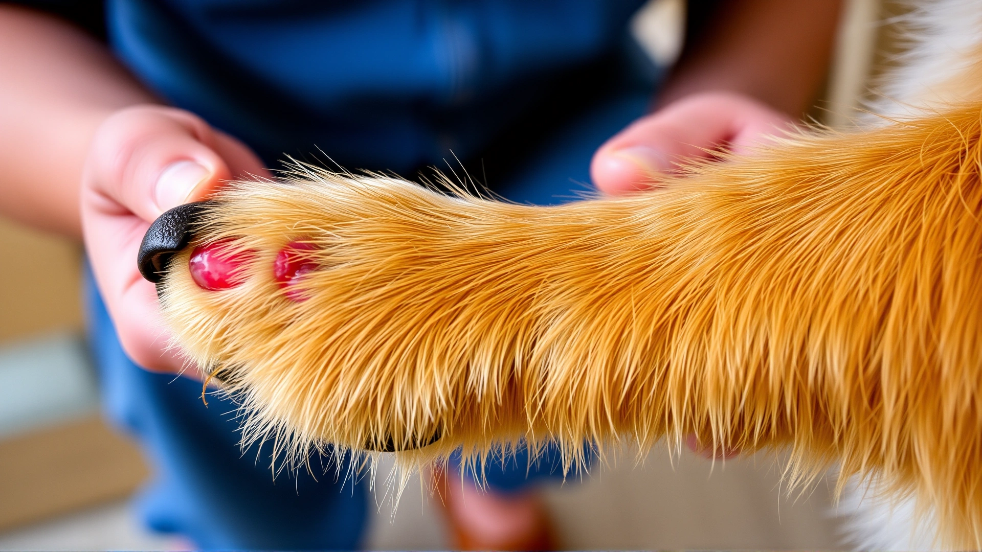 Close-up of a dog's paw with a visible inflamed area while the owner inspects it with concern.