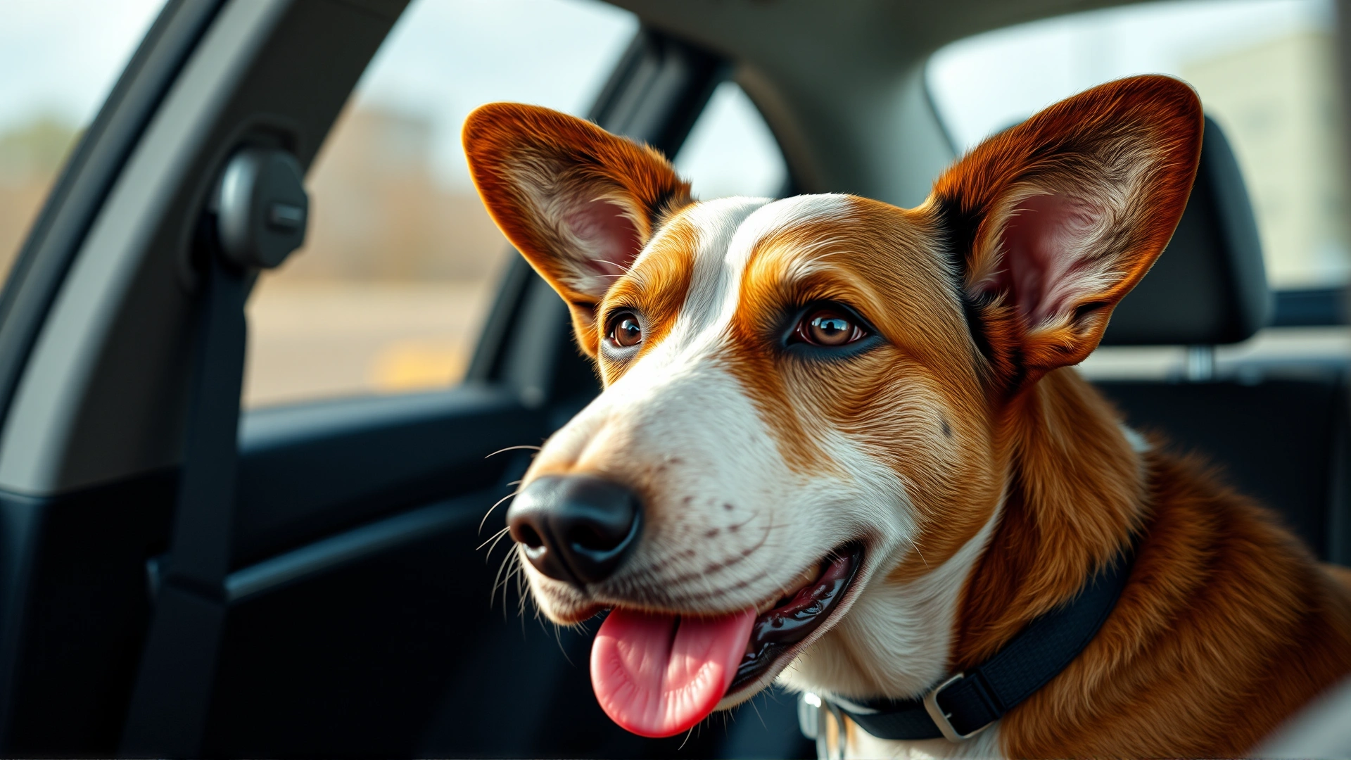 Stressed dog panting and drooling in the back seat of a car, illustrating travel anxiety