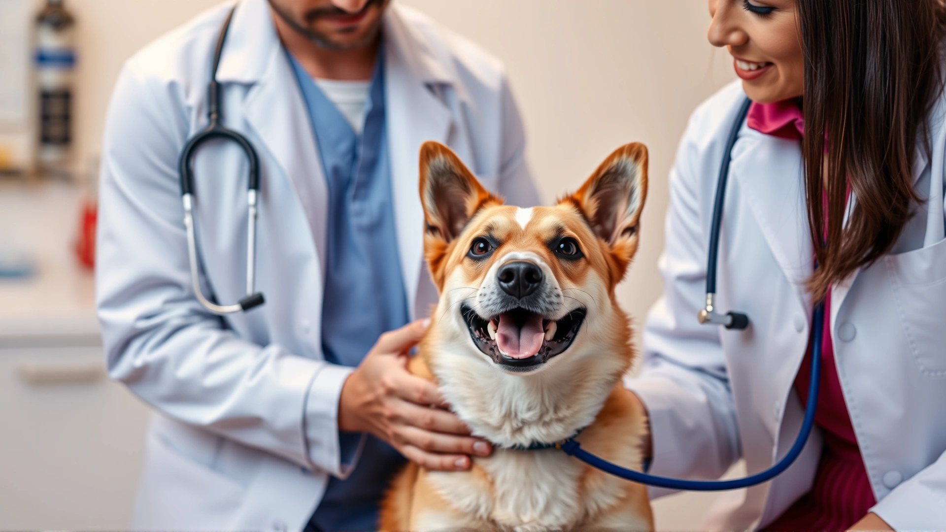 Veterinarian in white coat gently examining a cheerful dog in a clinic setting, stethoscope visible, no text