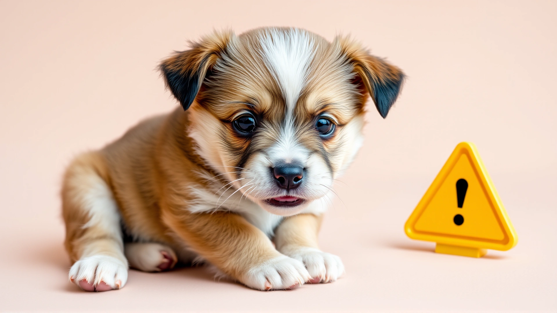 Cute puppy with pristine white teeth sitting beside a yellow caution symbol (no text) on a neutral background to illustrate dental concerns
