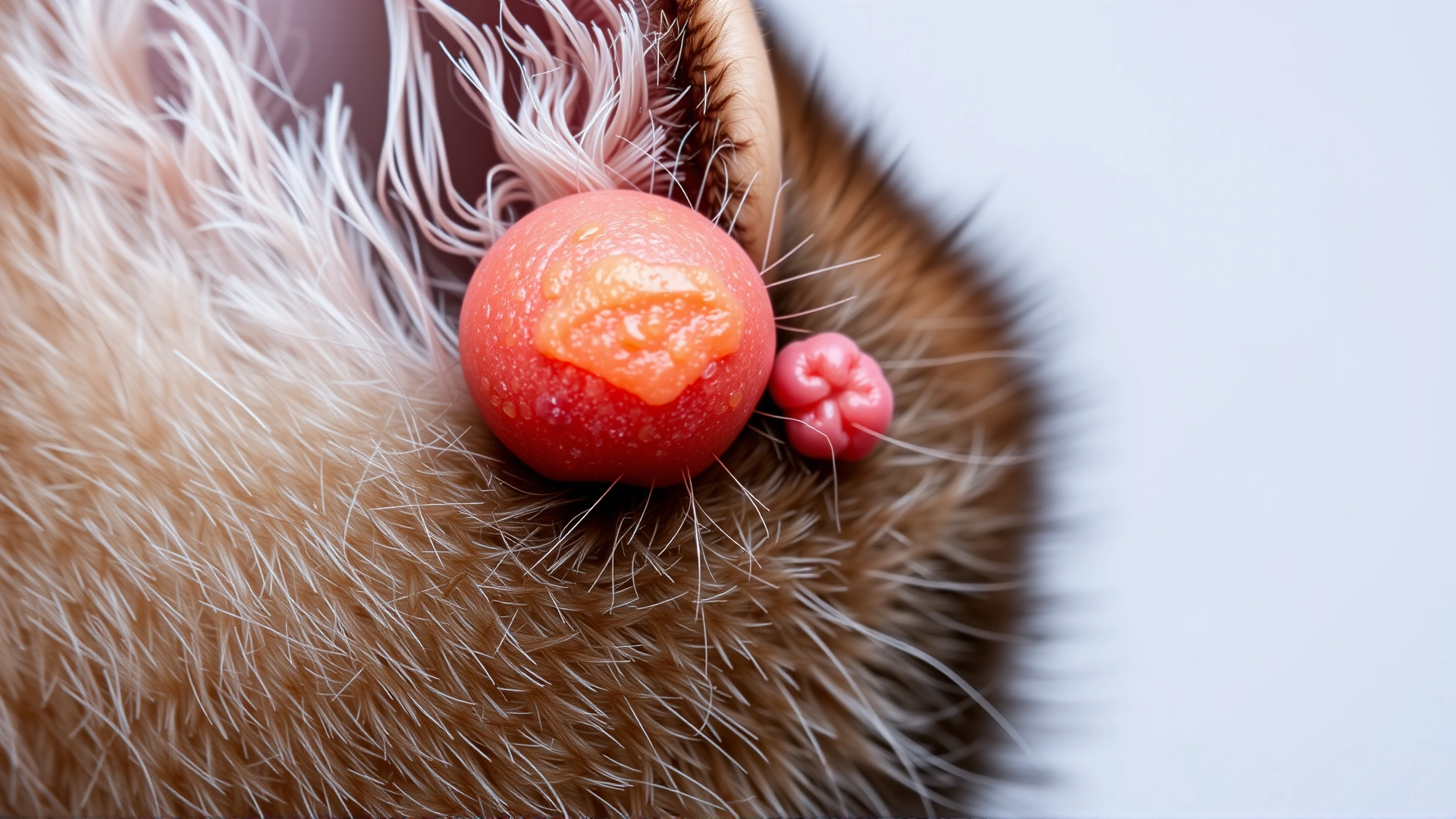Macro close-up image of a feline papilloma (wart) on a cat’s ear, clear skin texture and fine fur details, neutral background for educational use.