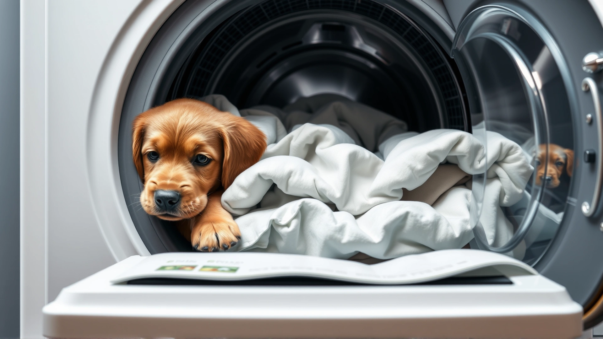Front-loading washing machine with dog bed cover and blankets being washed, door slightly ajar to show contents