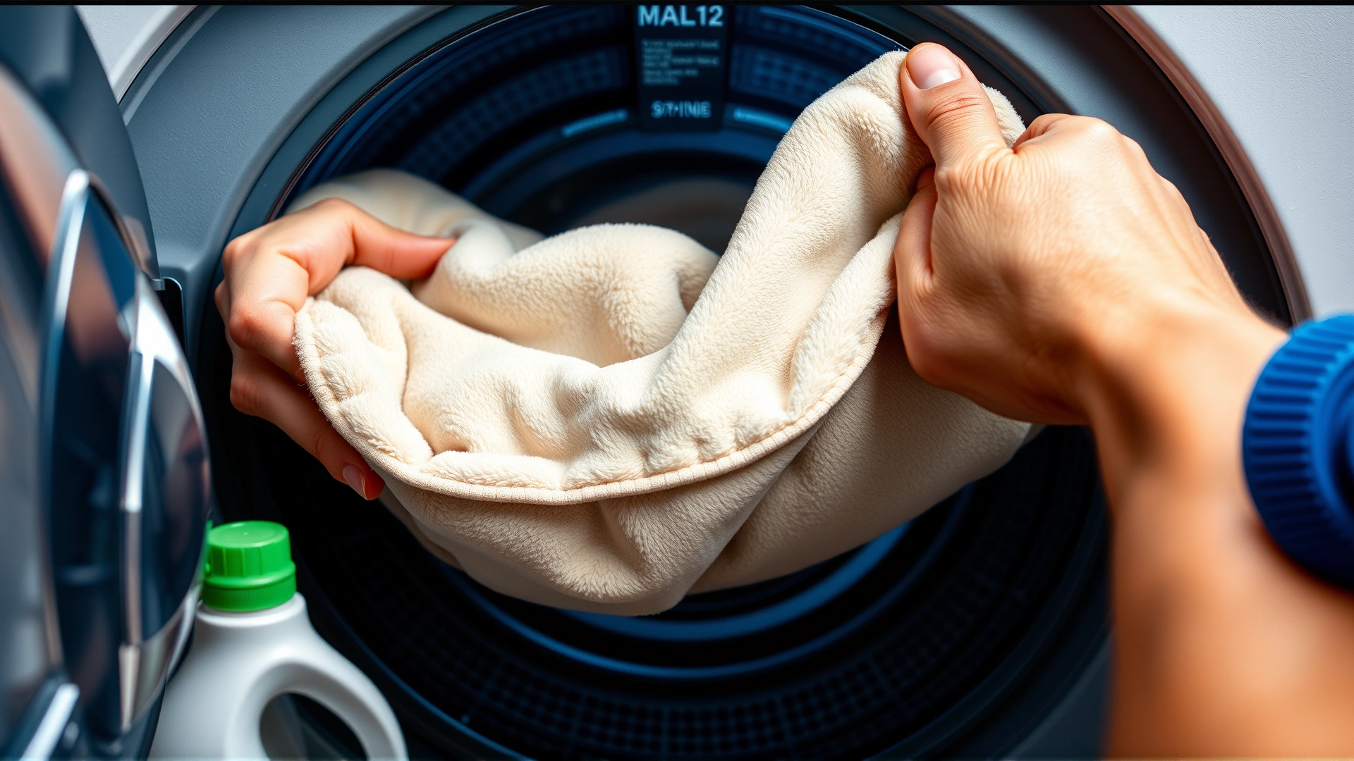 Close-up of human hands loading a dog bed cover into a front-loading washing machine, detergent bottle visible nearby.