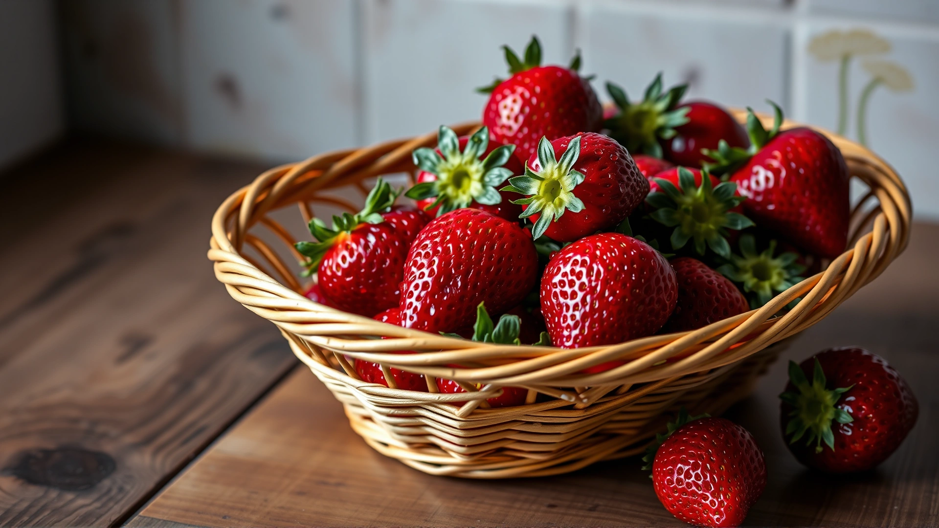Basket of freshly washed strawberries with water droplets on them placed on a rustic wooden countertop, no text