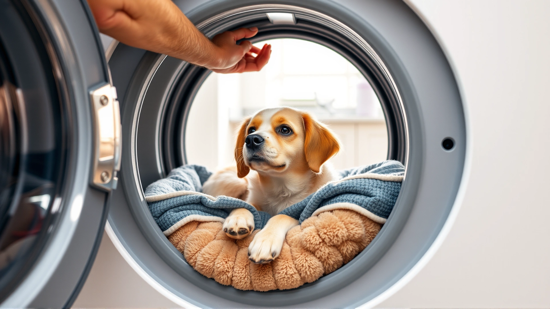 Dog bed being put into a washing machine, human hands adjusting it; laundry room setting bright and clean.