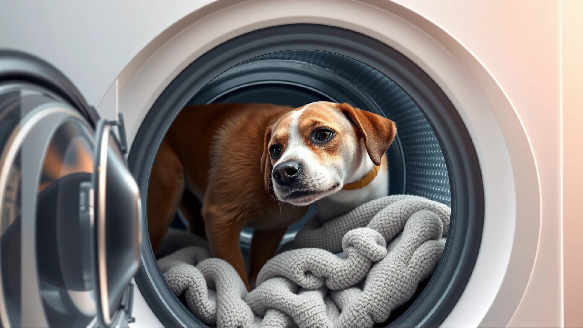 A washing machine door open with freshly washed pet bedding inside and a curious dog sniffing it.