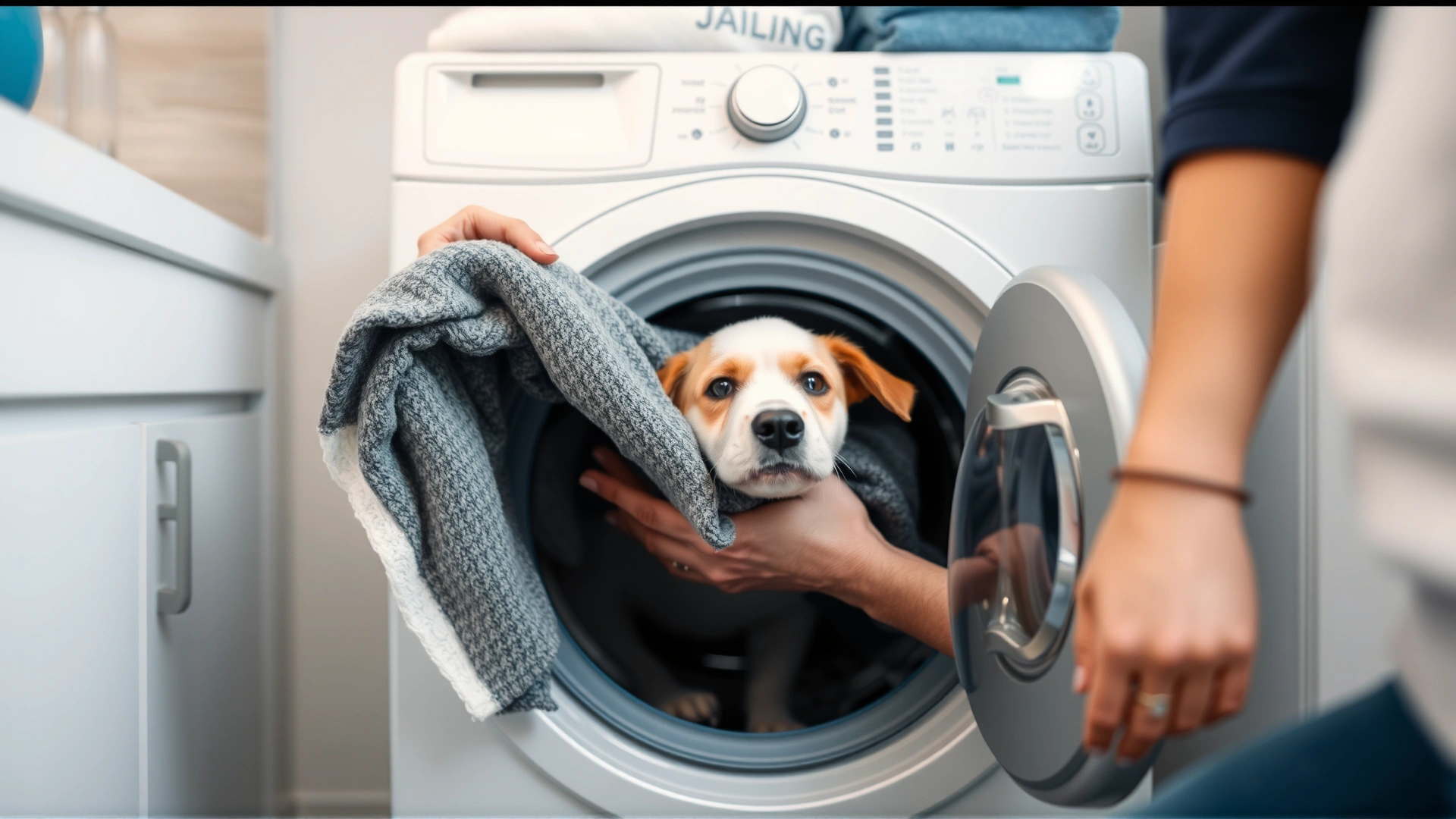 An owner placing a pet blanket into a washing machine, focus on cleanliness and care, bright laundry room