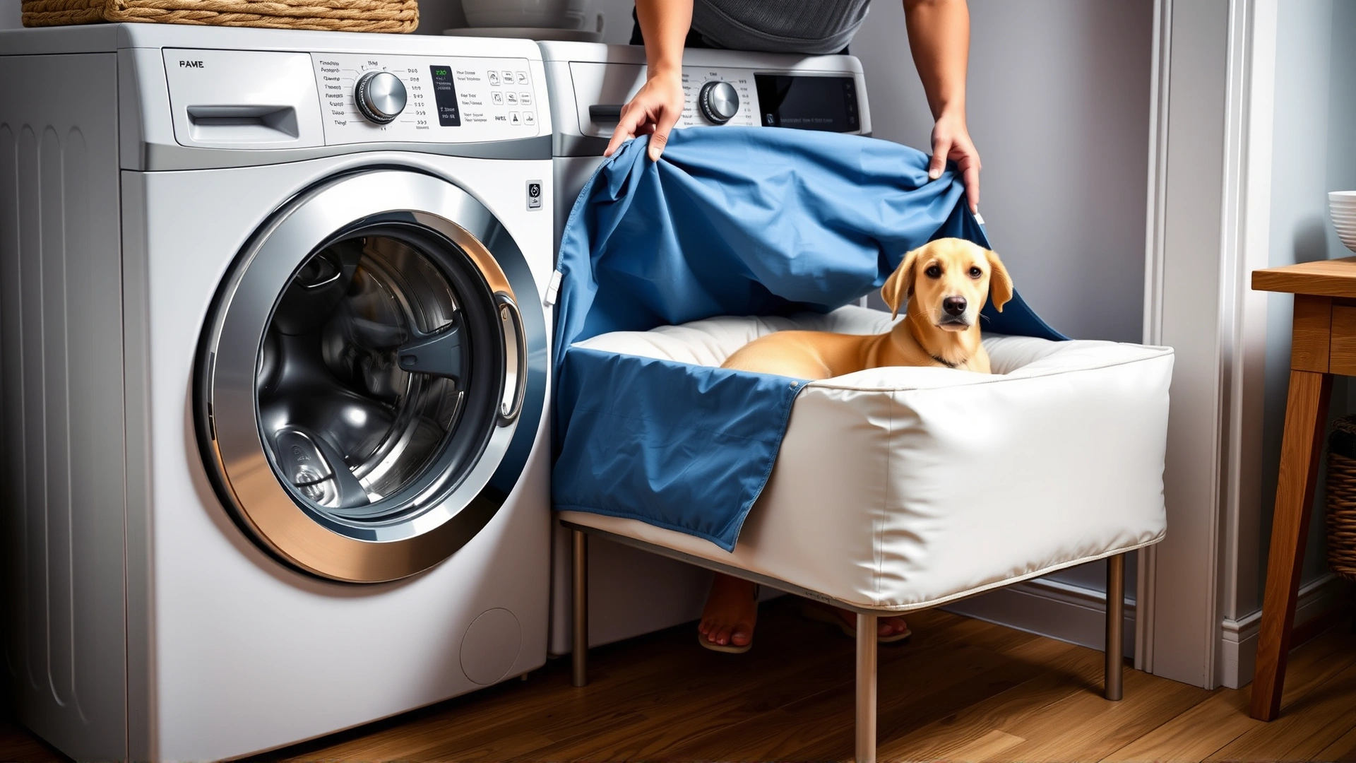 Person loading a removable dog bed cover into a front-loading washing machine in a tidy laundry room.