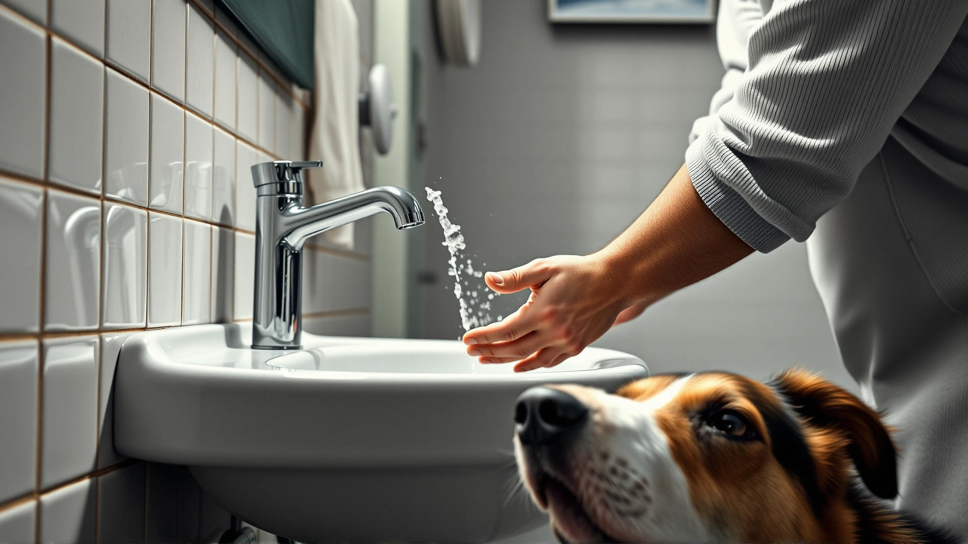 Person washing hands at a bathroom sink while a curious dog’s snout appears at the bottom corner, playful scene, no text.