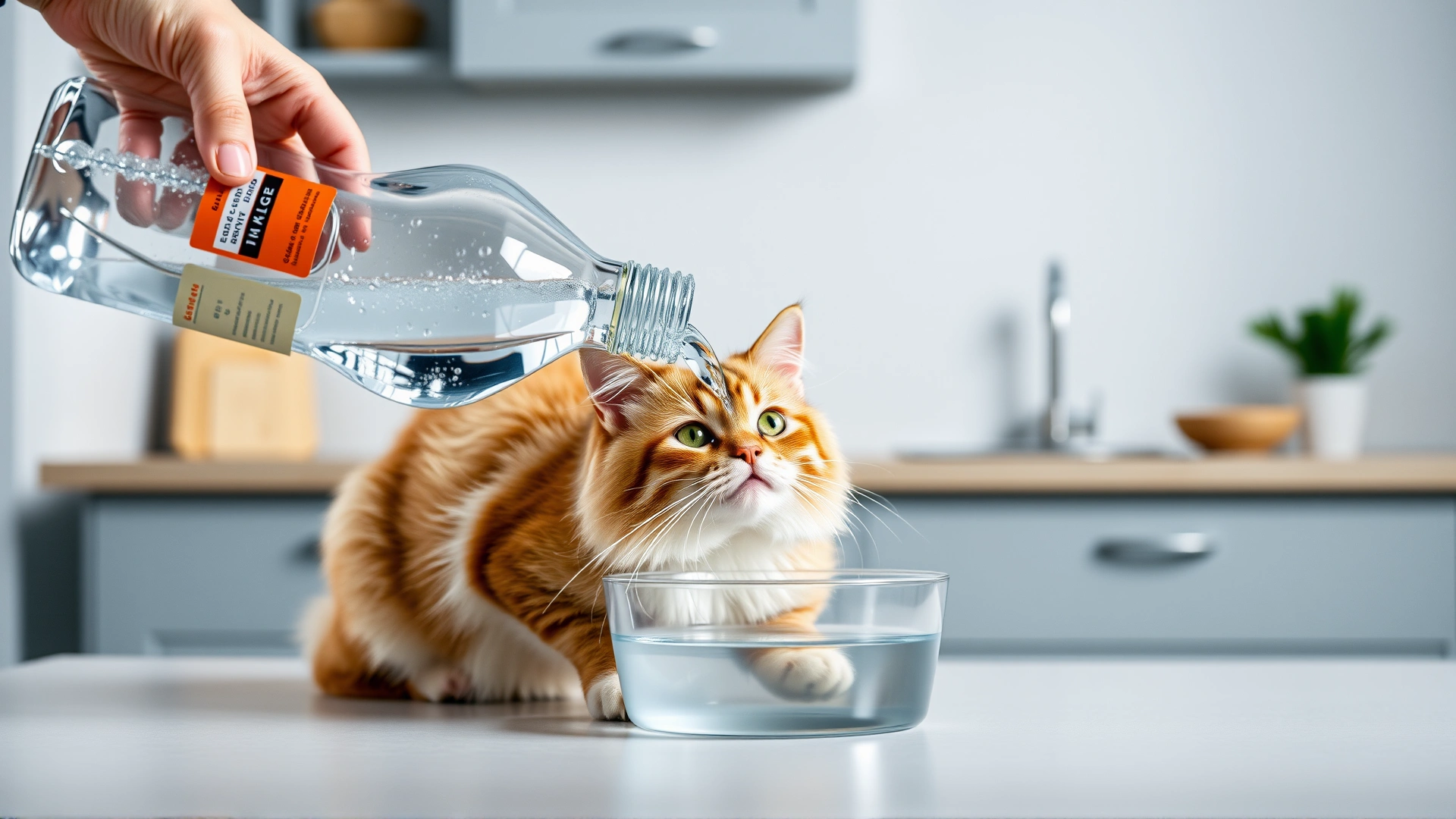 Bottle of water additive being poured into a cat's water bowl, minimalist kitchen background