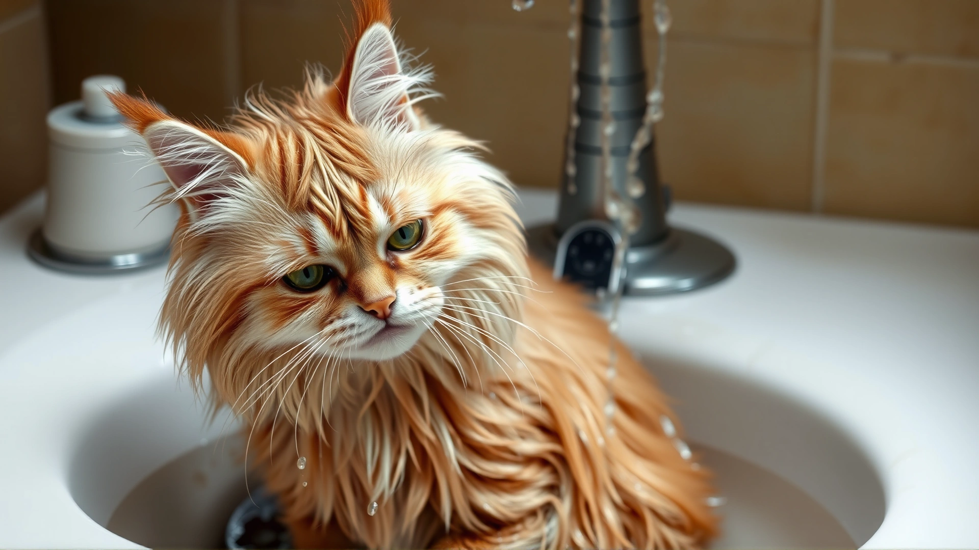 Wet long-haired cat in a sink shaking off water, comically annoyed expression