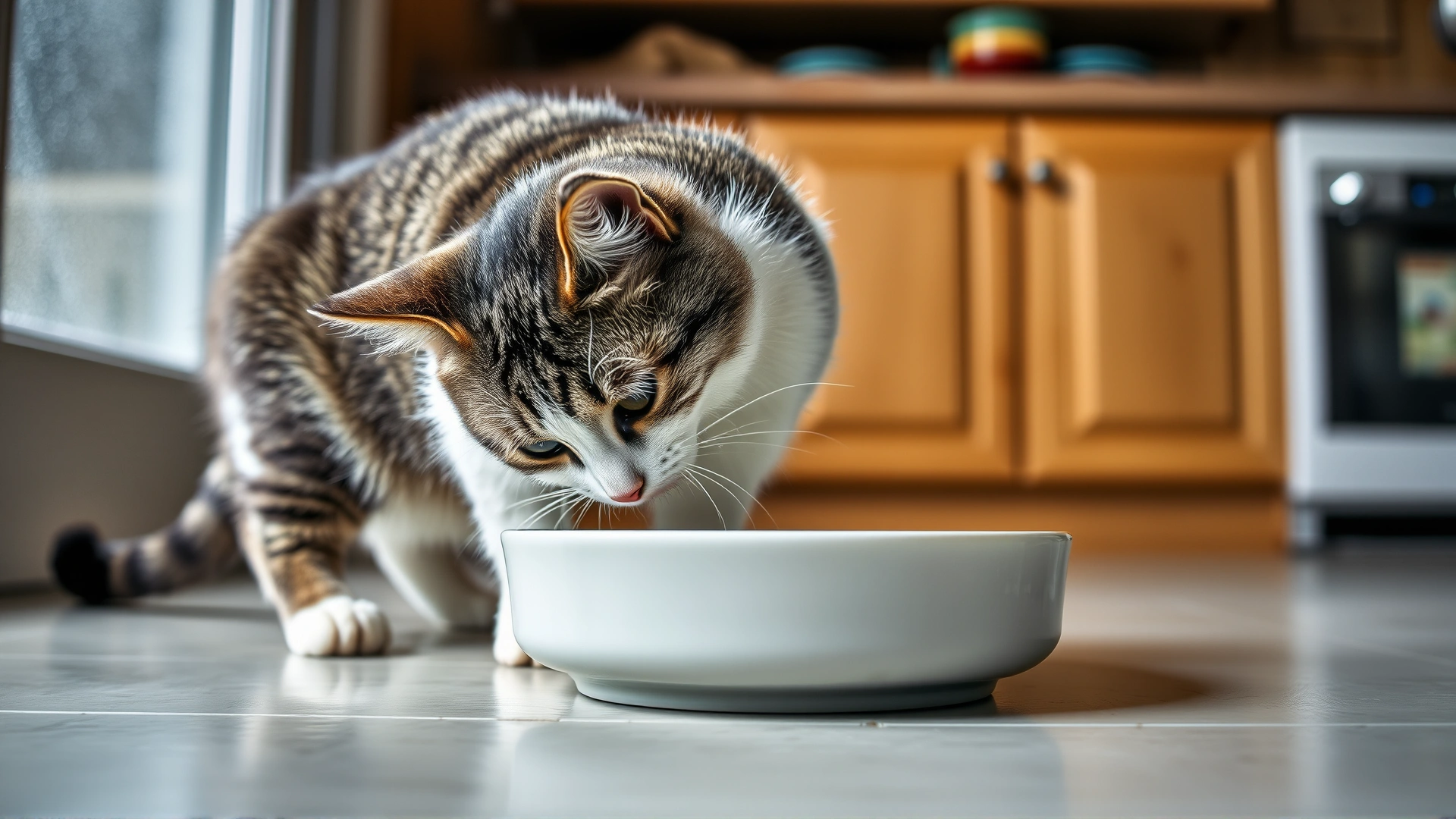 Cat drinking from a ceramic water bowl placed on a kitchen floor, with light frost visible on the window in the background.