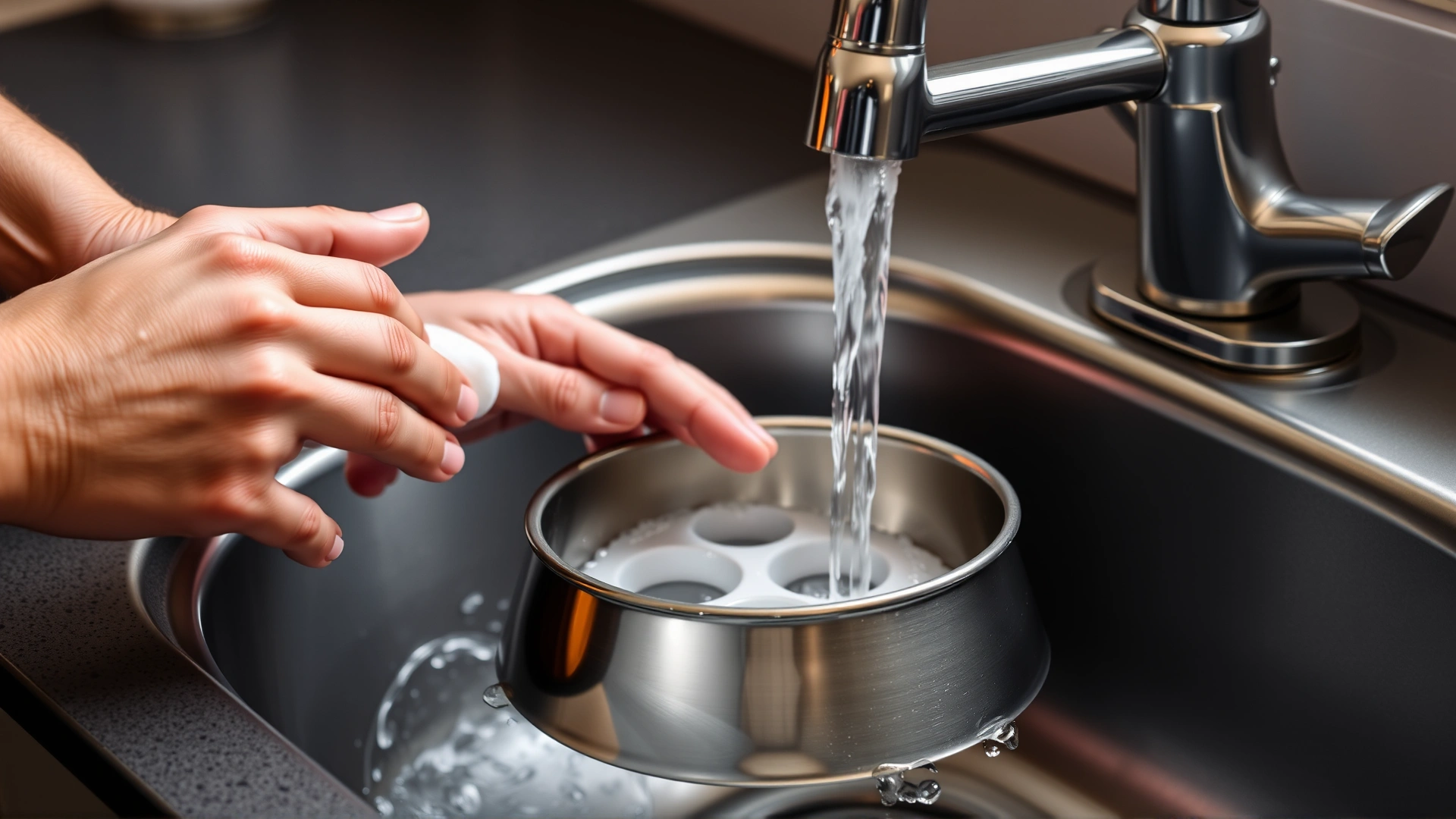 Human hands washing a stainless steel dog bowl with soap under running tap water in a kitchen sink