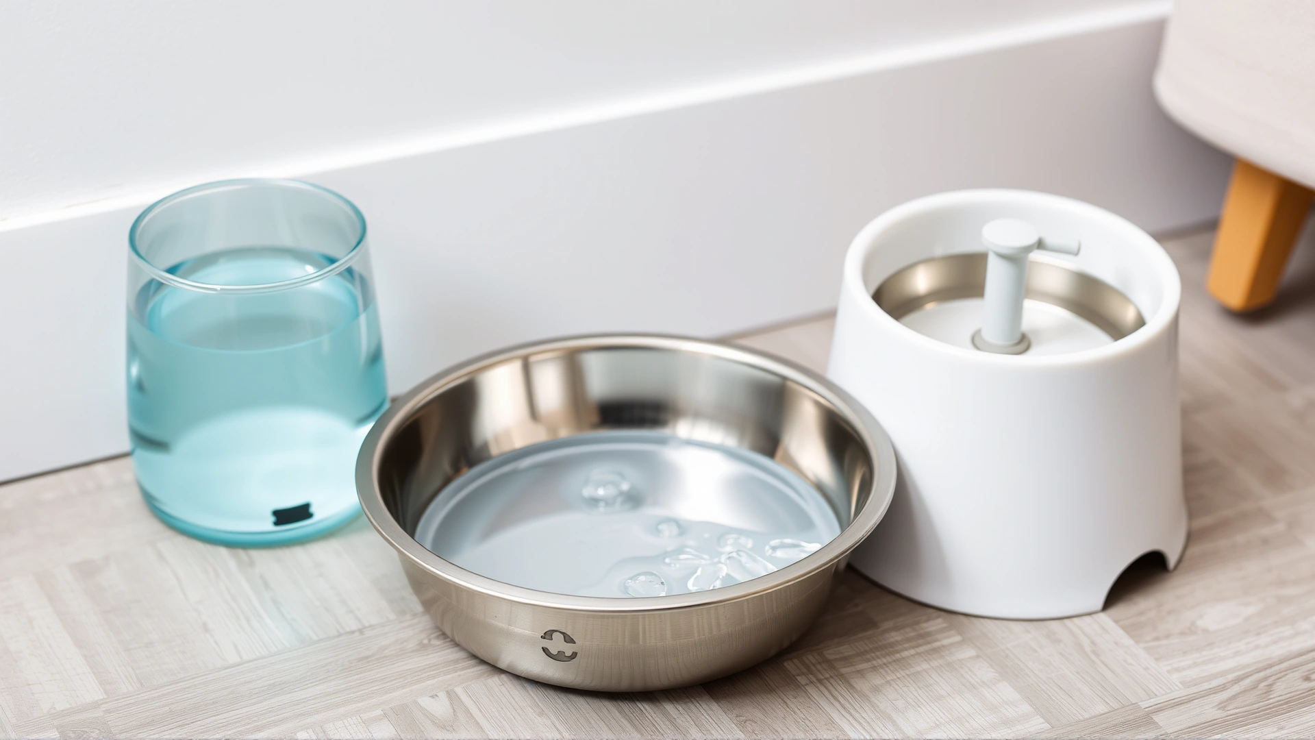 Stainless steel non-spill water bowl filled with fresh water, next to a small indoor pet fountain.