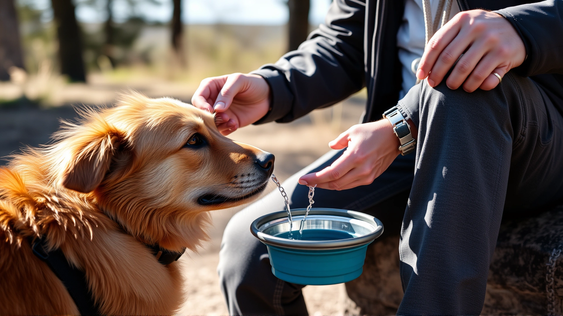 Owner offering water from a collapsible bowl to a thirsty dog during a break on a sunny day.