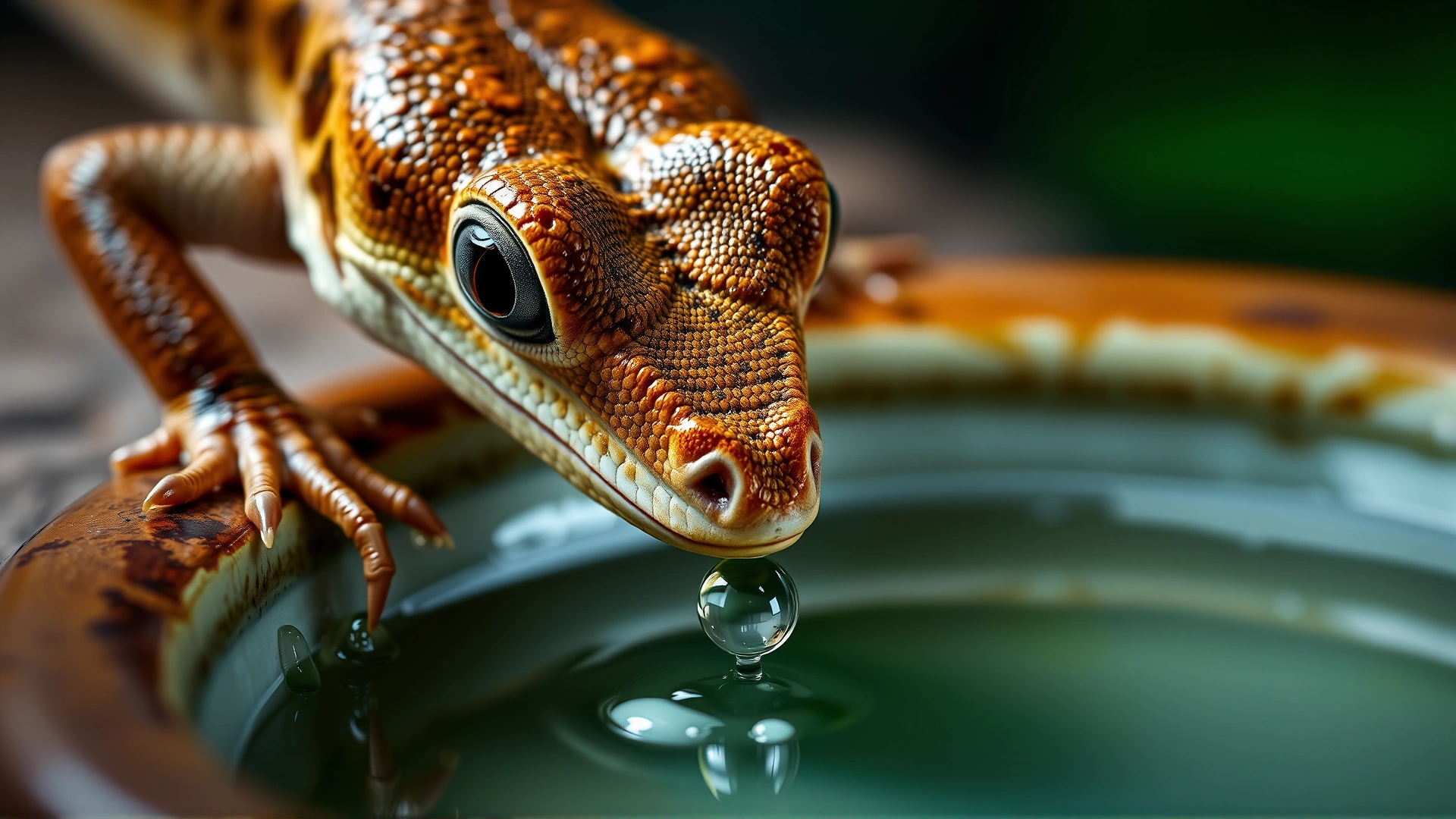 Macro shot of a small lizard drinking from a shallow ceramic water bowl, water droplets visible on its snout