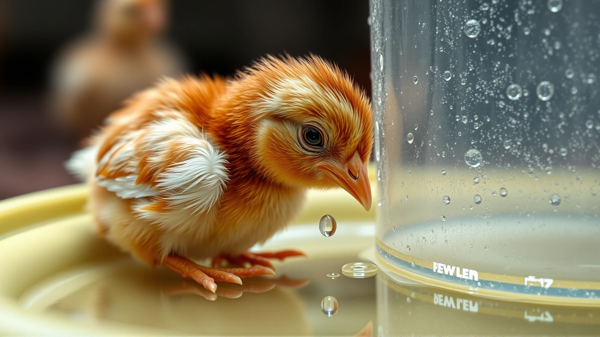 Macro shot of a chick drinking electrolyte water from a shallow plastic waterer with water droplets visible