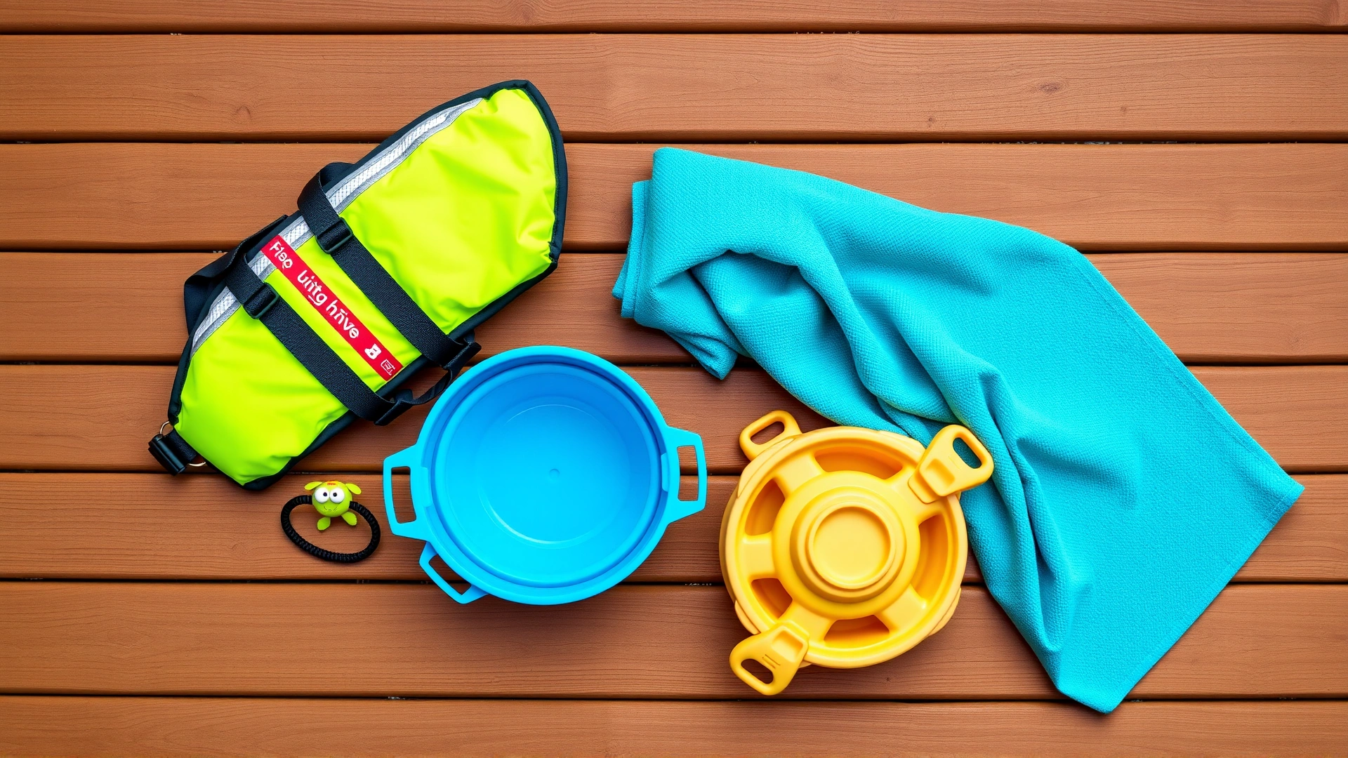 Flat lay of essential dog swimming gear: bright life jacket, floating toys, collapsible water bowl and microfiber towel, photographed on wooden decking.