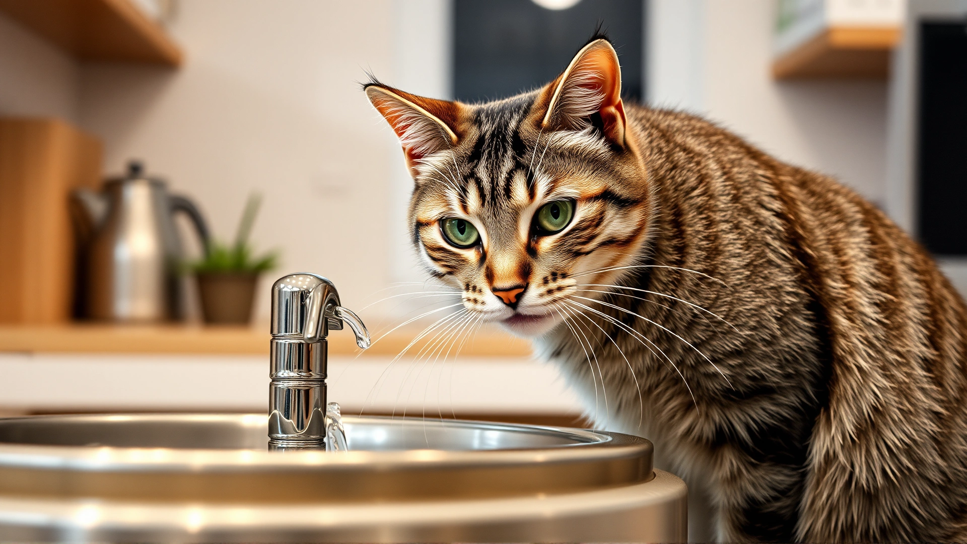 Grey tabby cat drinking eagerly from a stainless steel water fountain in a modern kitchen environment