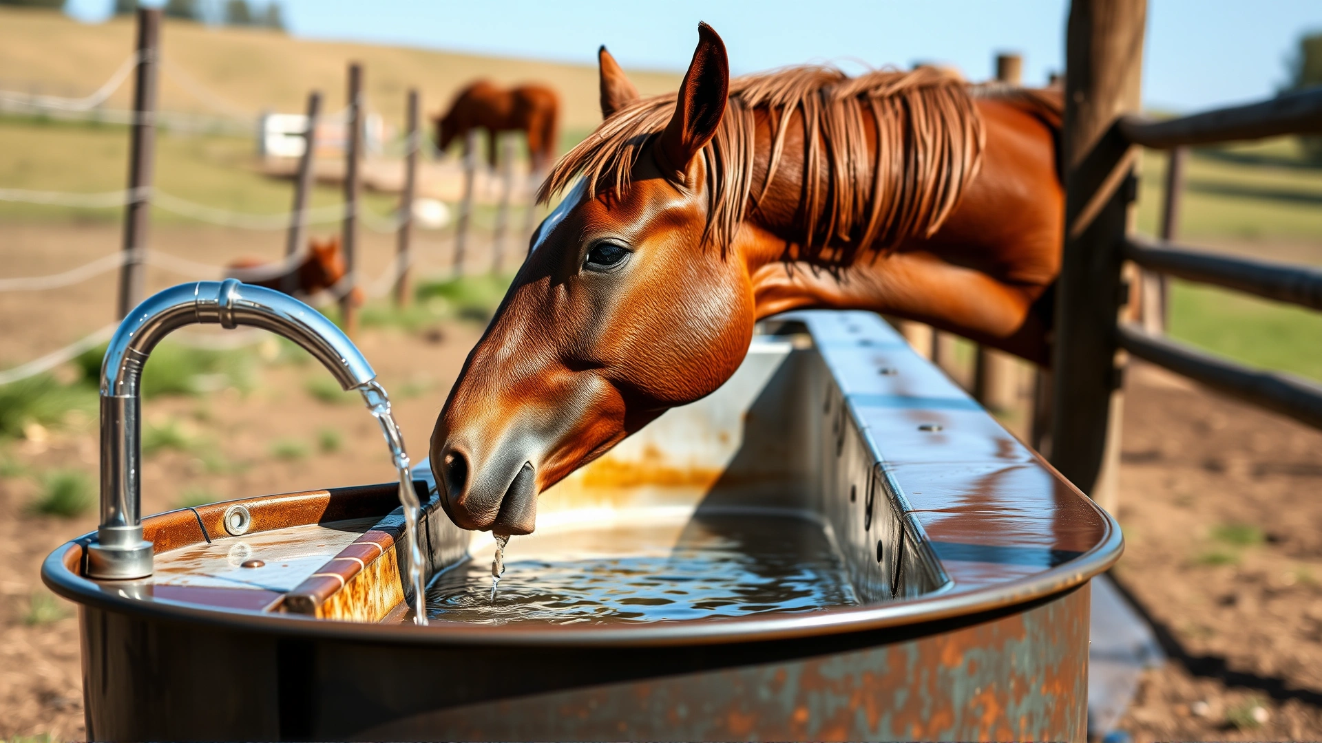 A shiny water trough in a paddock with a horse drinking, emphasizing clean fresh water.