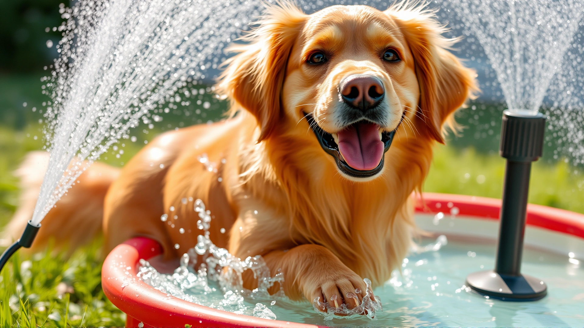 Happy golden retriever splashing in a small kiddie pool with a sprinkler spraying arcs of water, bright summer vibe.