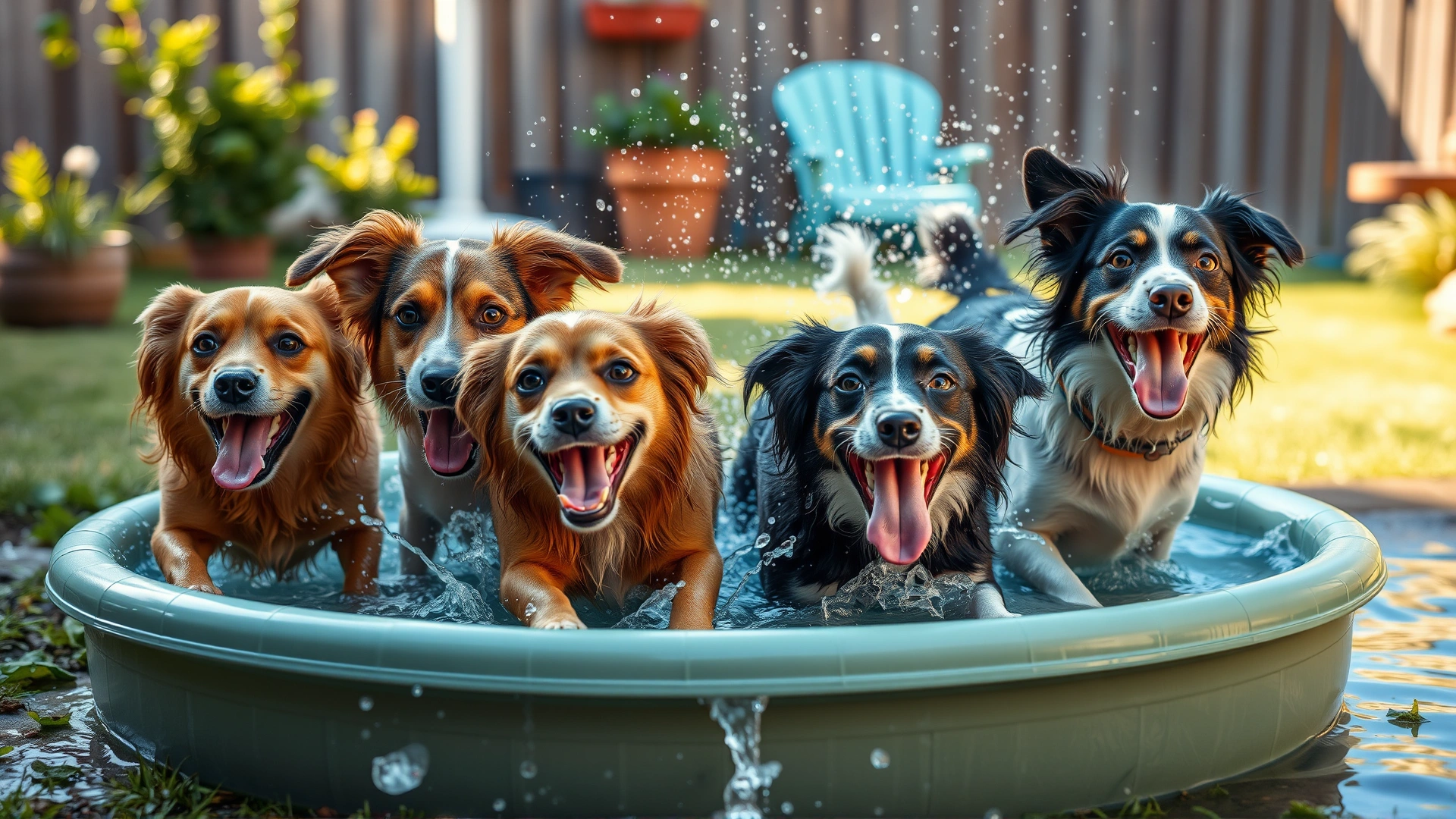 Group of dogs splashing in a shallow kiddie pool in a backyard, joyful expressions and water splatter captured mid-action.