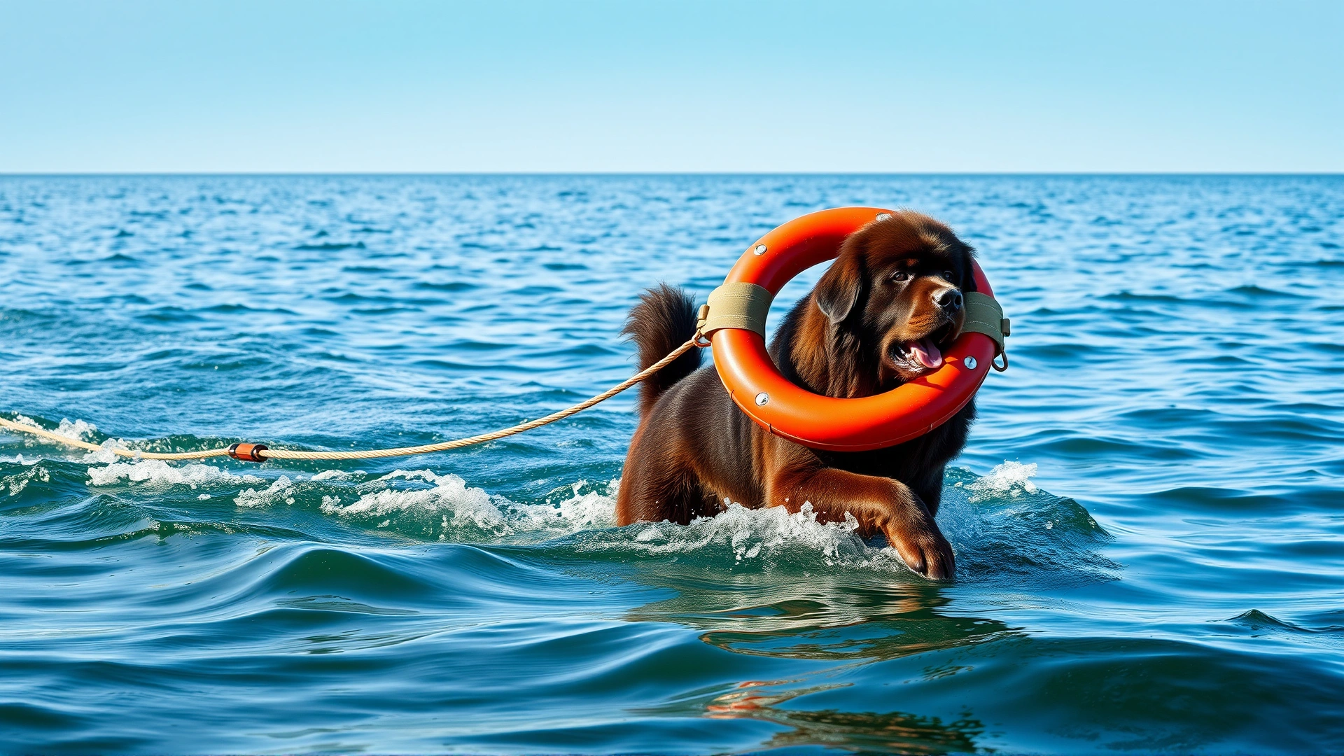 Newfoundland dog towing a life ring through calm coastal waters during a rescue training session
