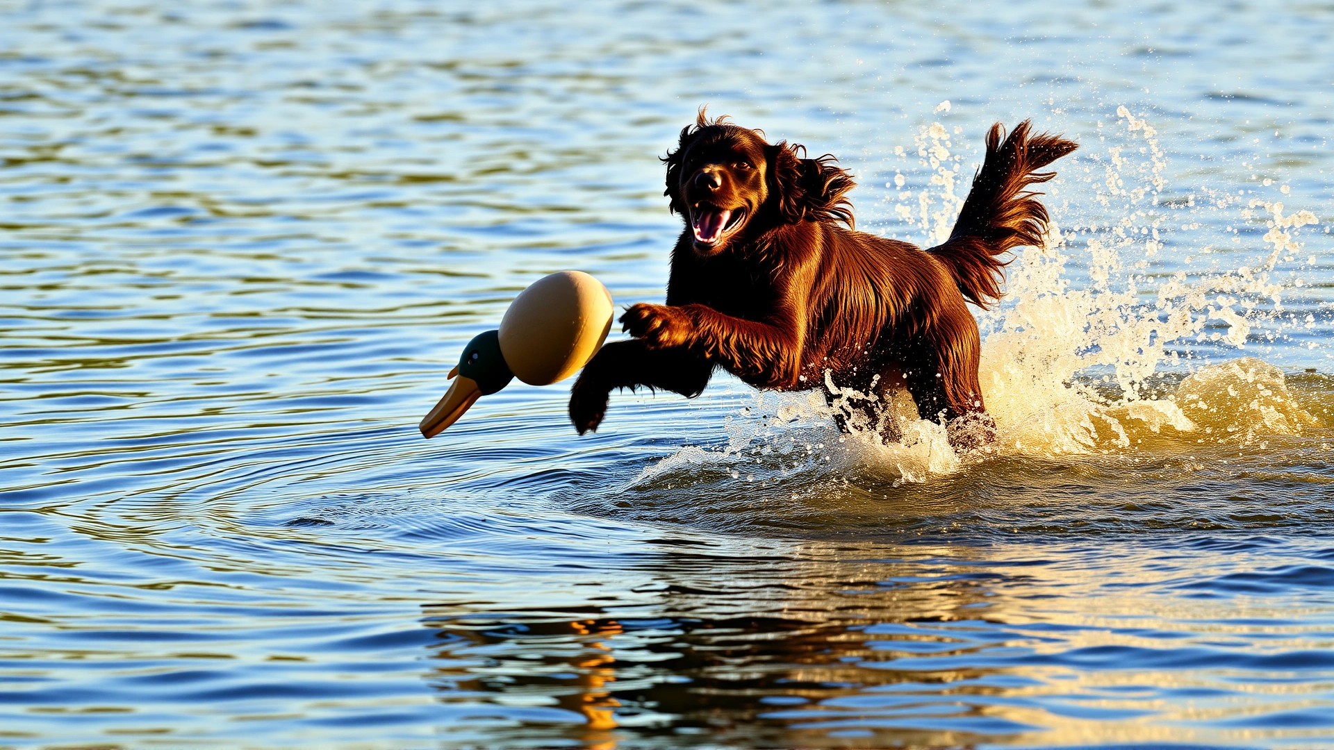 Curly-Coated Retriever joyfully leaping into a lake to retrieve a duck dummy, water splashing dramatically in golden afternoon light.