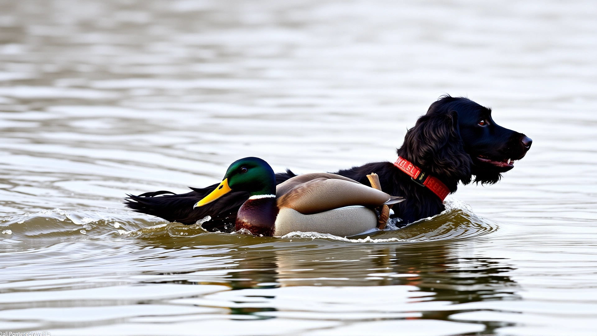 Boykin Spaniel swimming toward shore carrying a mallard duck decoy