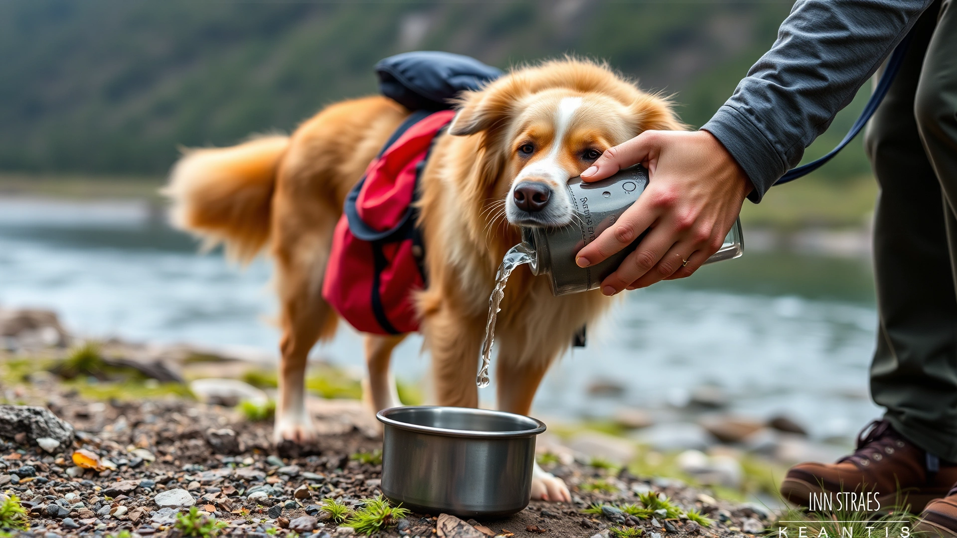 Dog owner pouring clean water into a portable bowl for the dog during a hike near a river