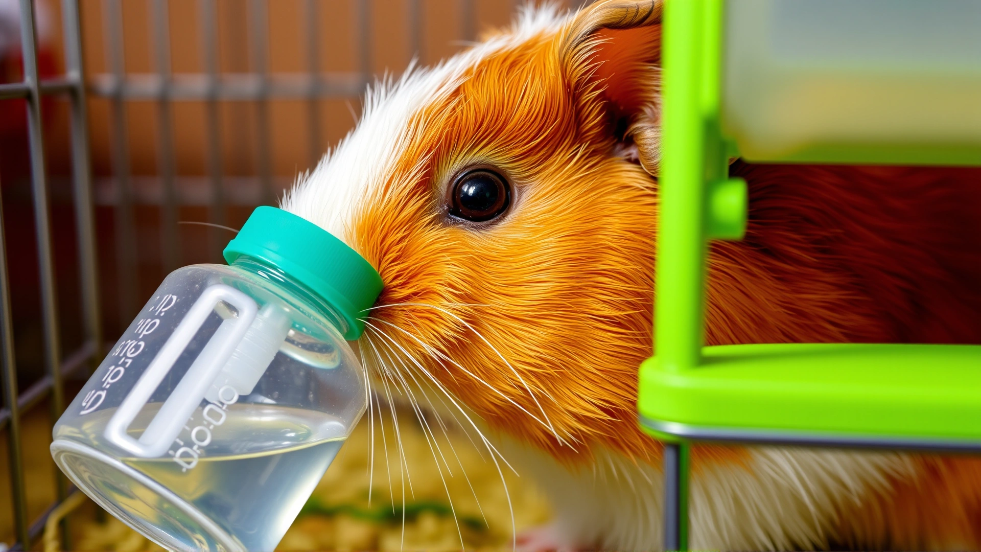 Guinea pig drinking fresh water from a sipper bottle attached to the side of its cage, clear focus on the bottle nozzle