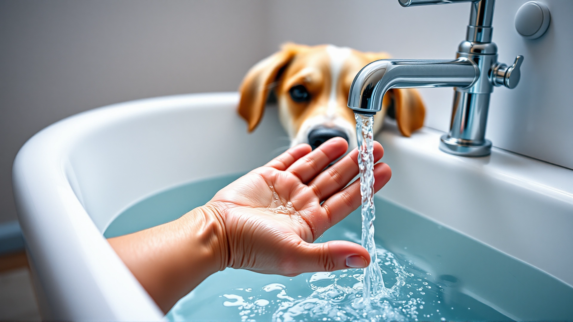 Close-up of a hand testing lukewarm running tap water in a tub, with a curious dog looking on
