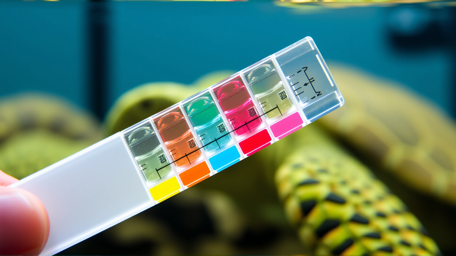 Close-up of water test strips with clear color changes held next to a turtle tank, highlighting parameters like ammonia and pH.