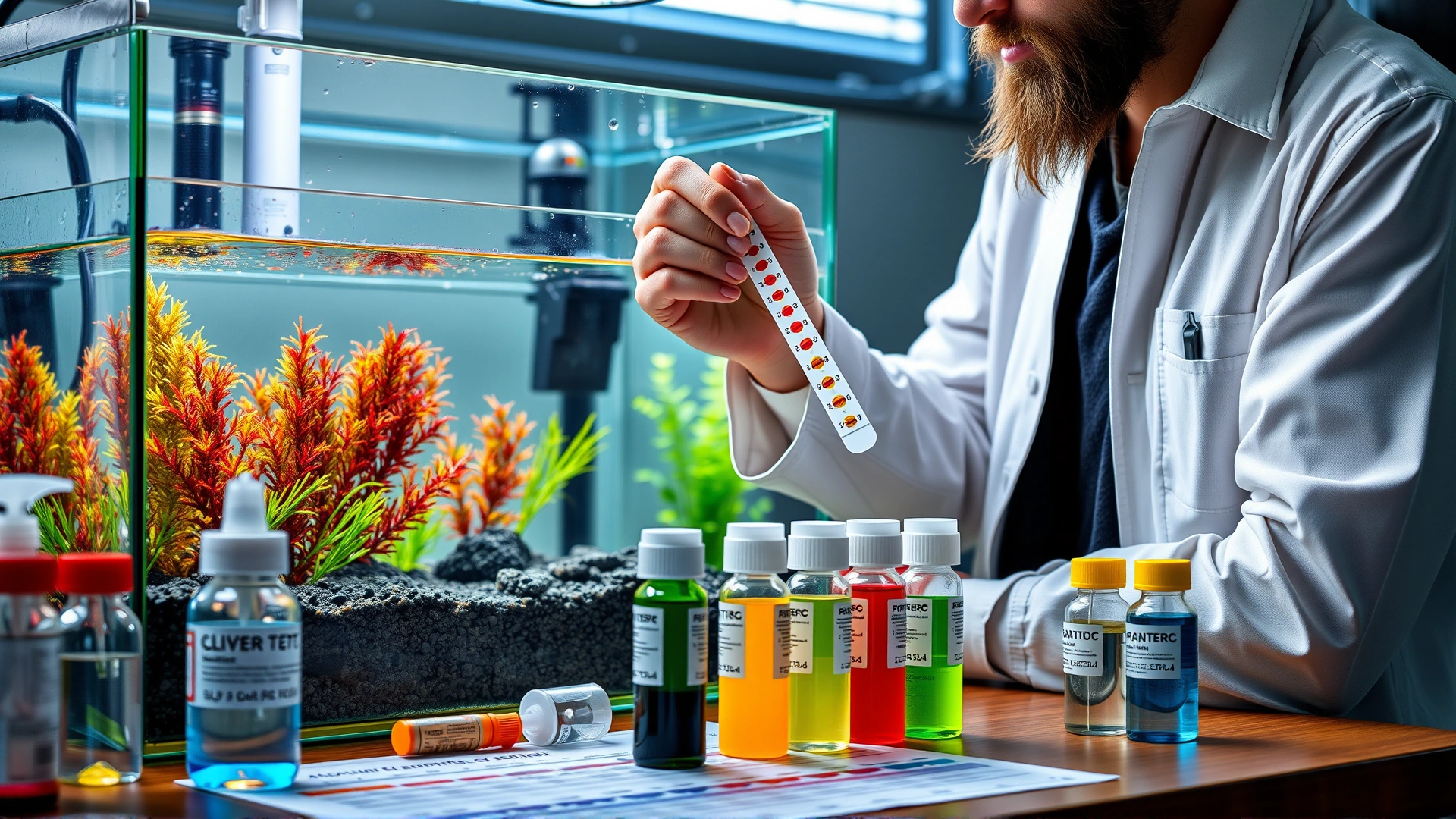 Aquarist holding water test strip beside a tank, with color chart and various test kit bottles visible on a table.