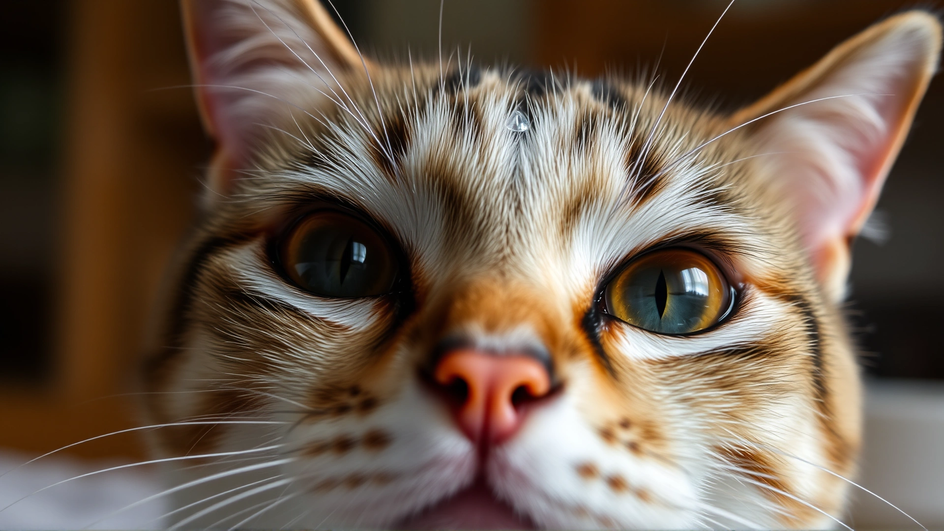 High-resolution photo of a cat with noticeably watery and slightly reddish eyes, captured in a calm environment to illustrate conjunctivitis symptoms
