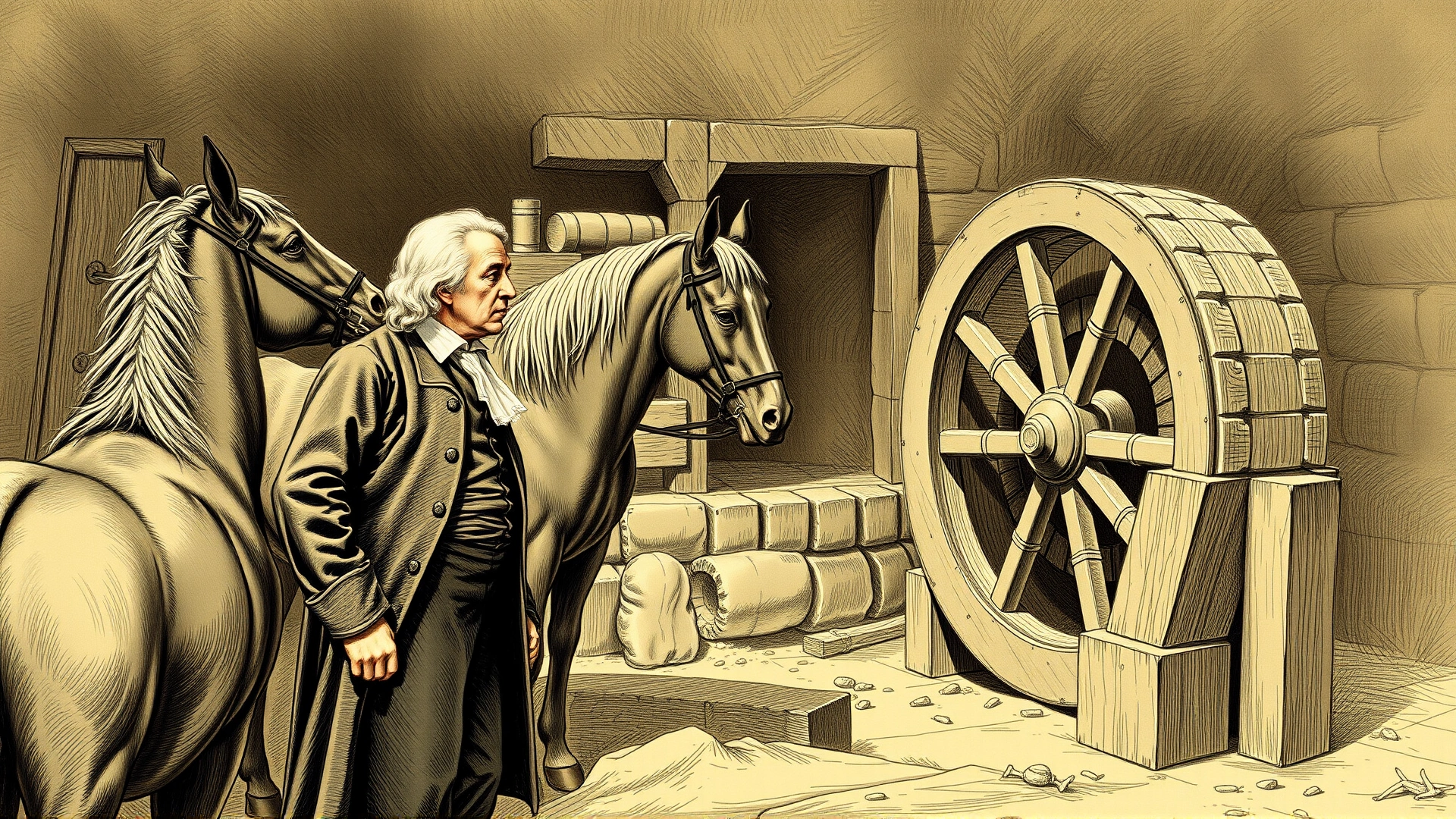 18th-century style illustration of James Watt observing horses turning a mill wheel, sepia tones, historically accurate clothing, no text