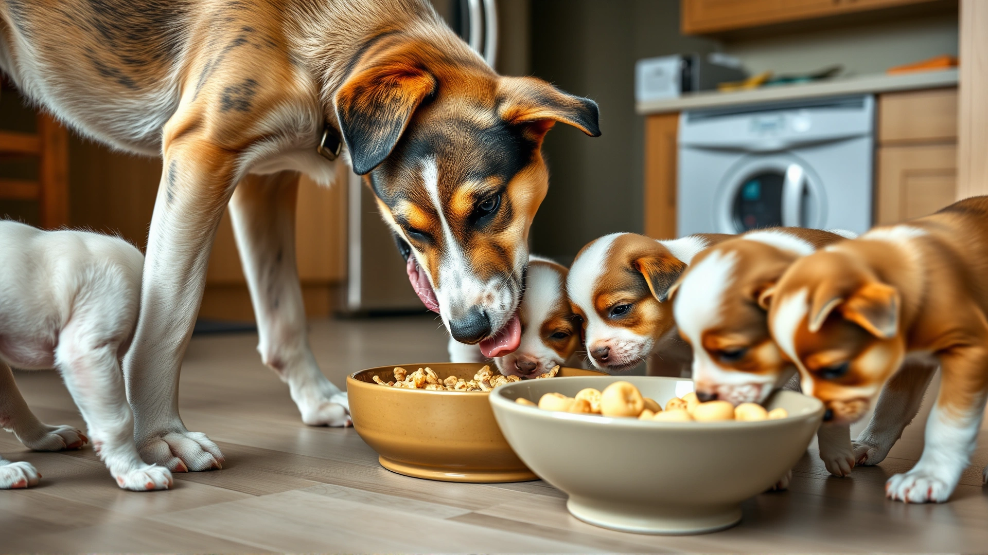 Mother dog licking a puppy while other puppies investigate a bowl of soft food on a kitchen floor, illustrating early weaning stage, natural indoor light, high resolution