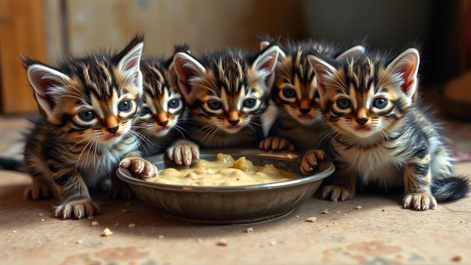 Group of four-week-old kittens eagerly eating gruel from a shallow plate, messy faces and warm home environment