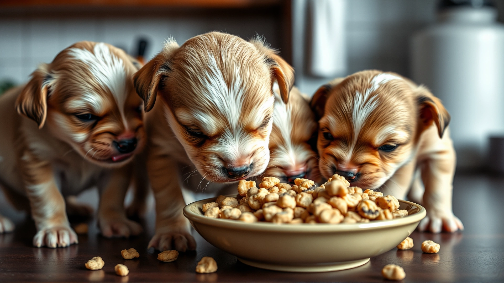 Four-week-old puppies enthusiastically licking a shallow dish filled with soft puppy gruel; kitchen background softly blurred
