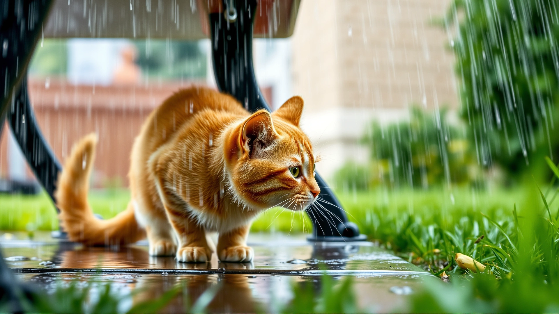 Orange tabby cat caught in a sudden summer downpour, raindrops visible, cat seeking shelter under a bench, no text.
