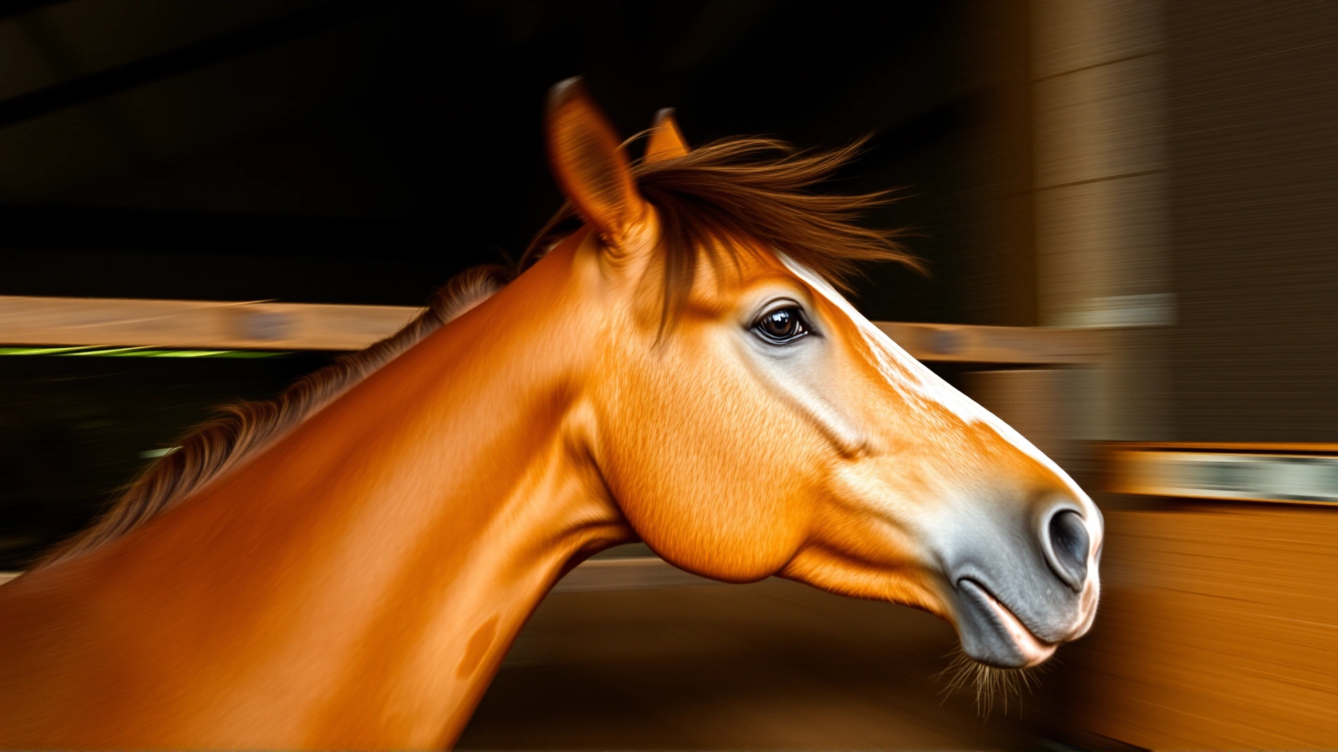 Horse in a stall swaying its head and neck side to side, blurry motion emphasizing repetitive movement.