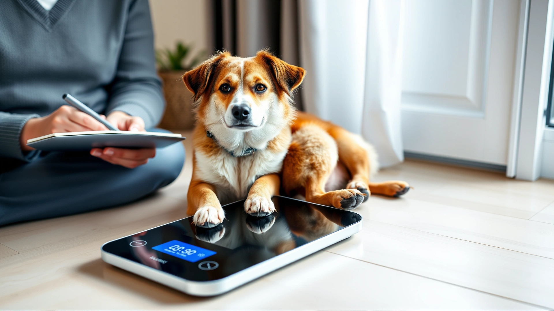Small digital pet scale at home with an owner noting weight in a notebook beside a medium-sized dog sitting calmly.