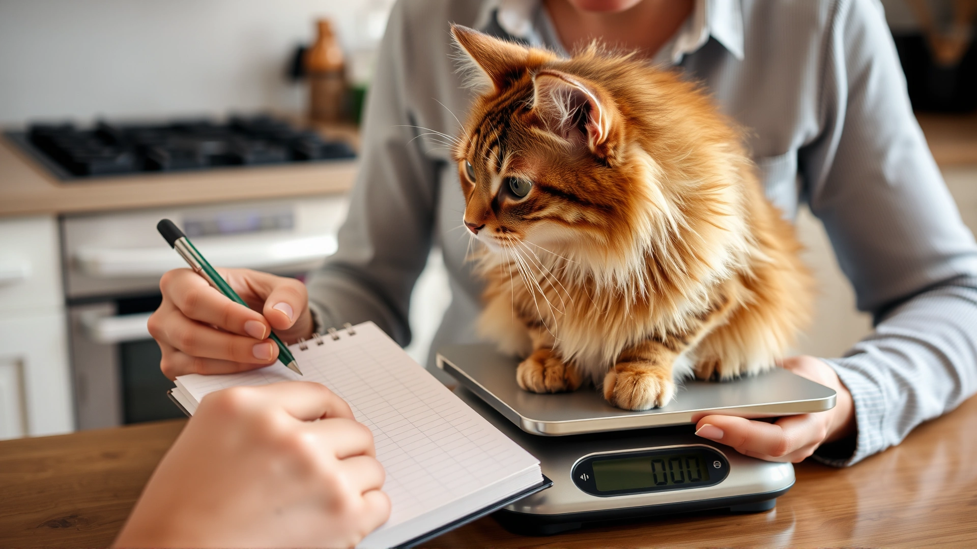 Pet owner carefully placing a cat on a kitchen scale and recording the weight in a notebook to track progress.