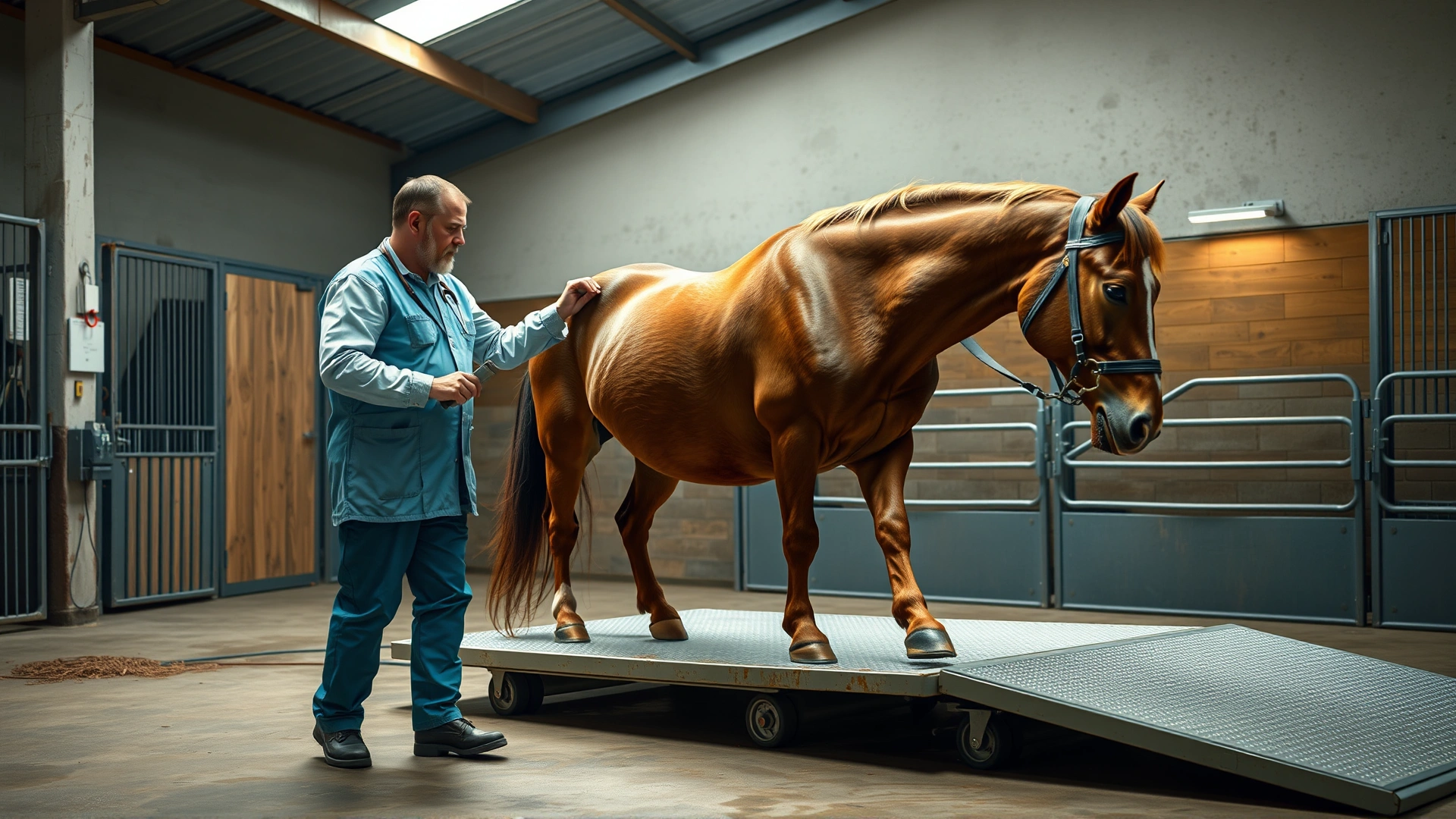 A veterinarian leading a horse onto a large, flat livestock scale inside a stable, showing the weighing process