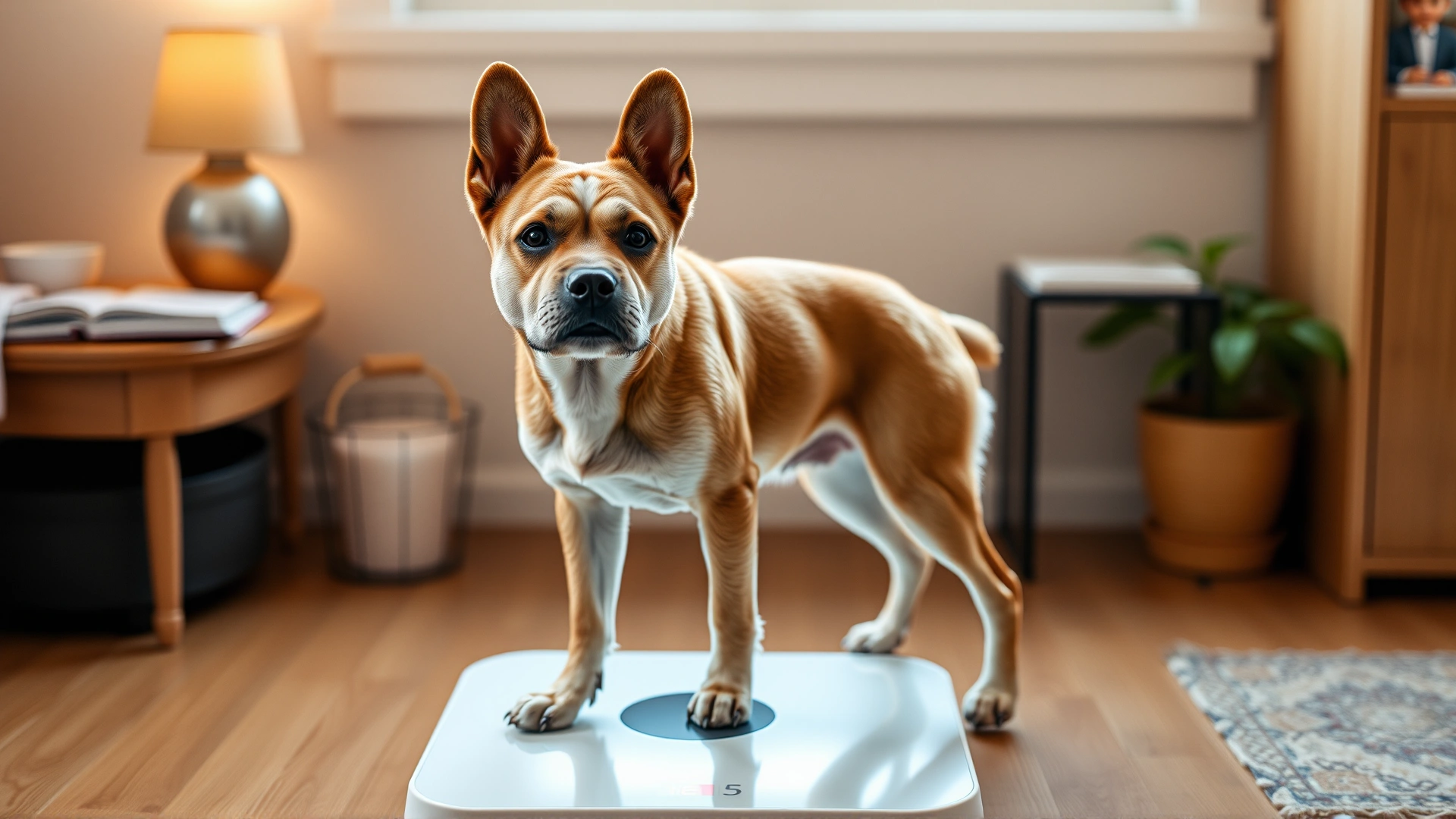 Medium-sized dog standing on a digital pet scale at home.