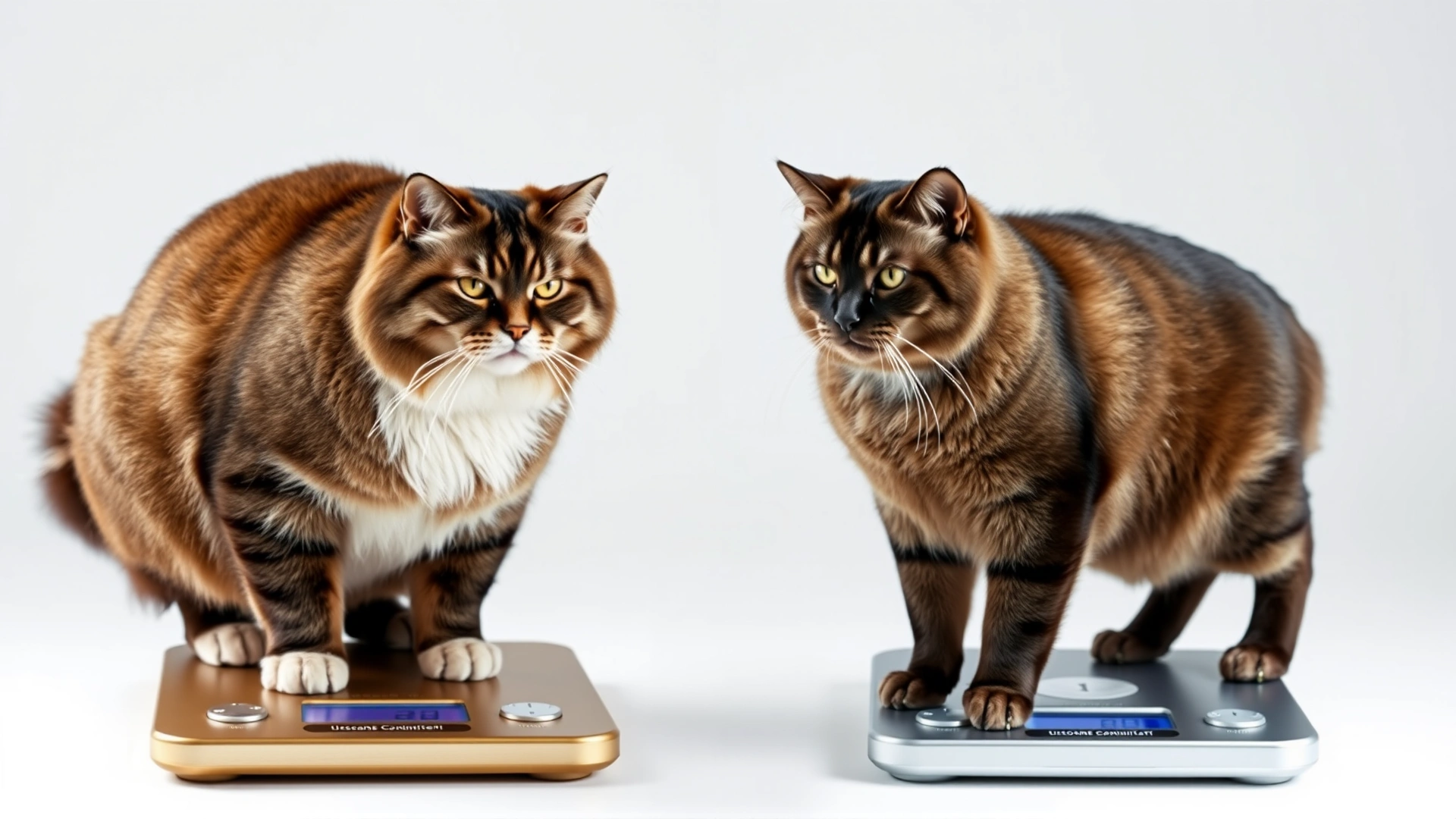 Side-by-side image of an overweight cat and a fit cat standing on separate digital scales, highlighting the visual difference in body condition, bright neutral background.