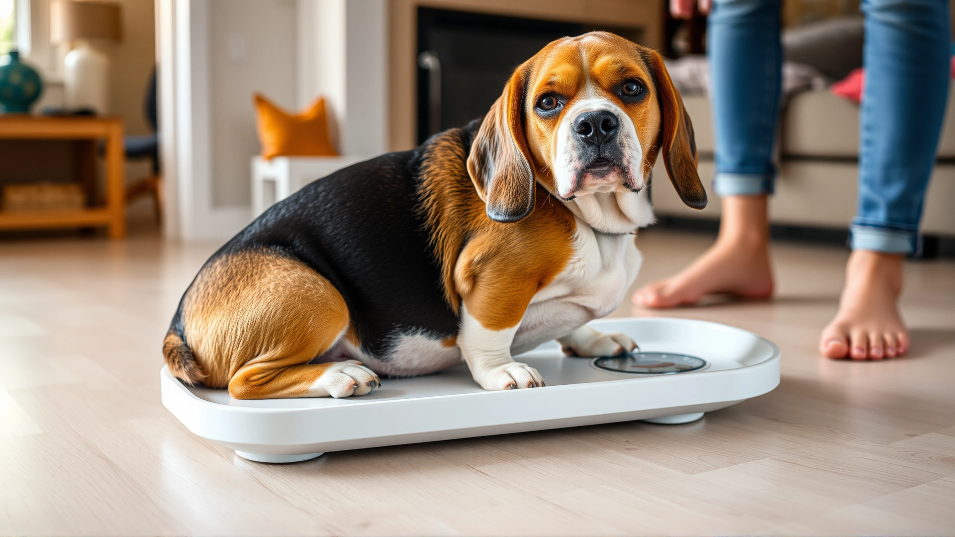 Overweight senior Beagle being weighed on a pet scale at home, owner looking concerned.
