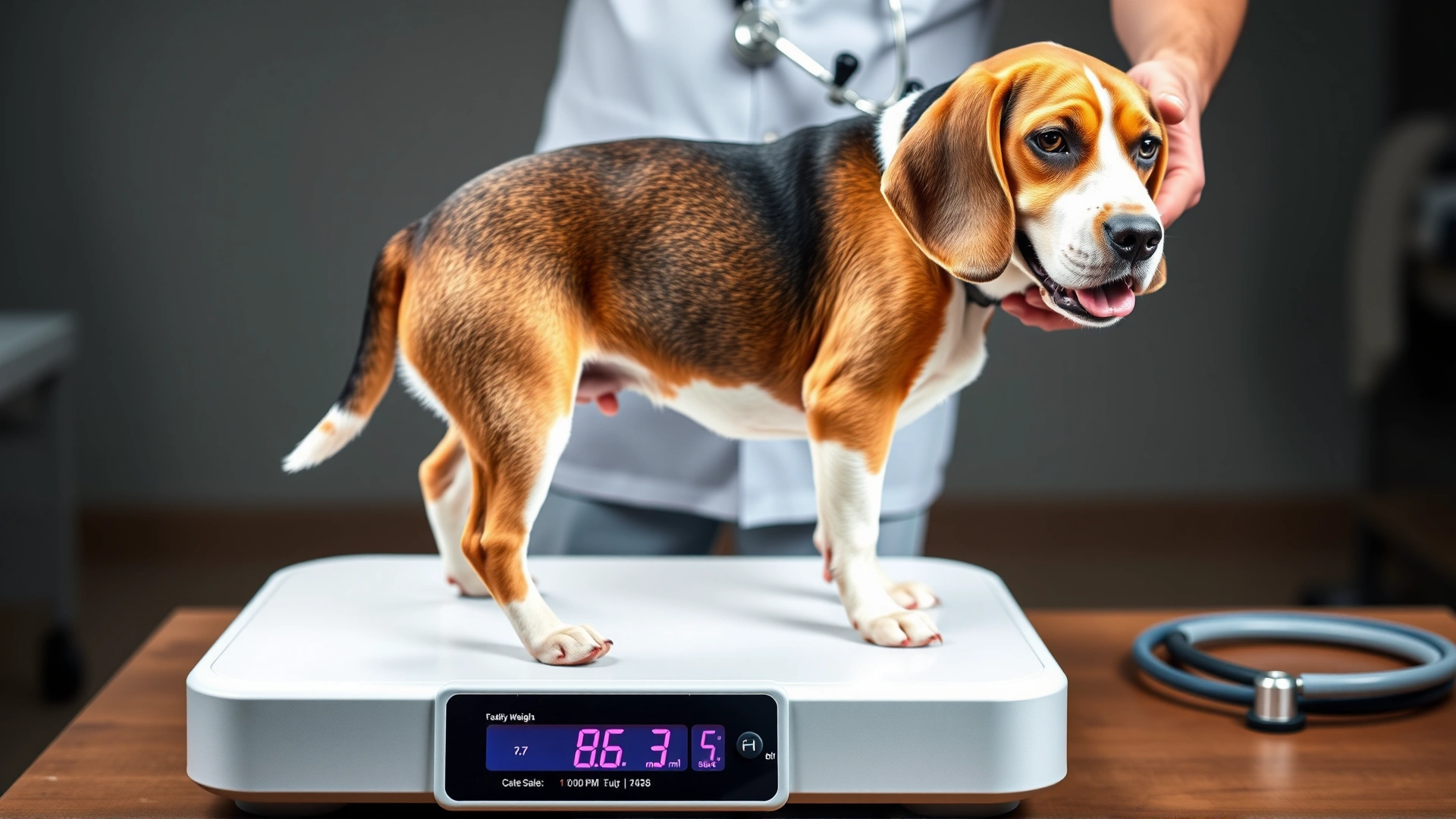 Overweight beagle standing on veterinary weigh scale while vet records weight, clinical background